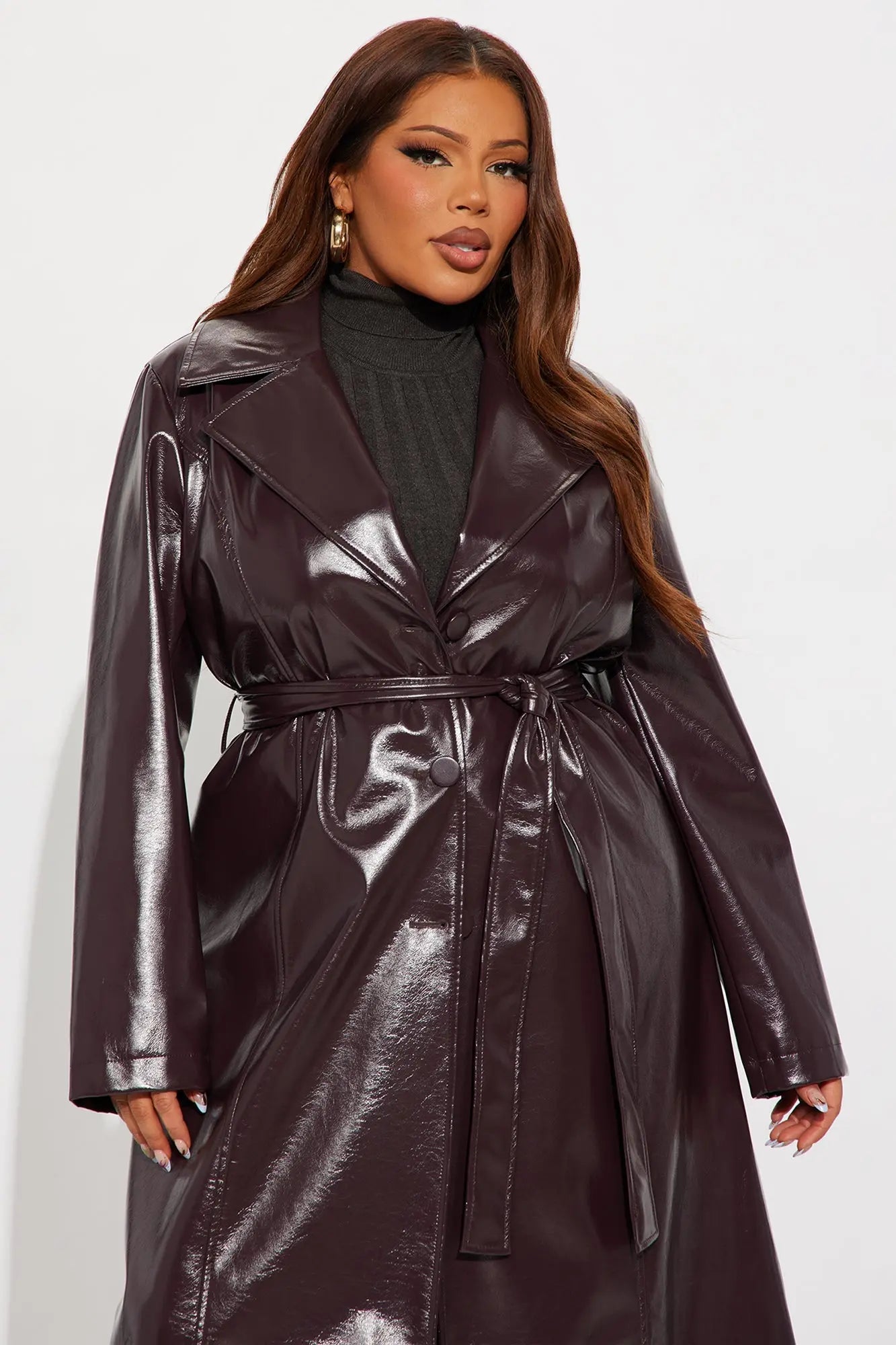Kelis Faux Leather Trench Coat - Burgundy 