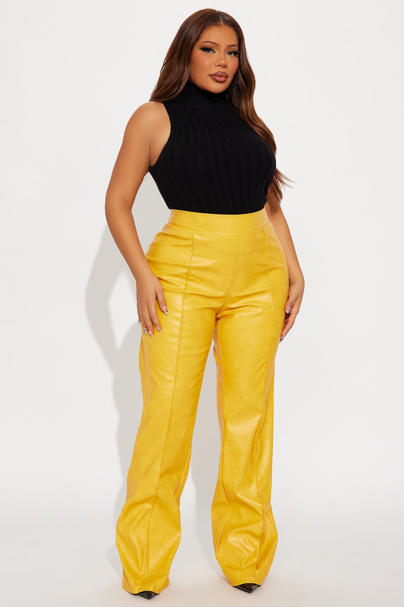 Victoria High Waisted Washed Faux Leather Dress Pants - Mustard 