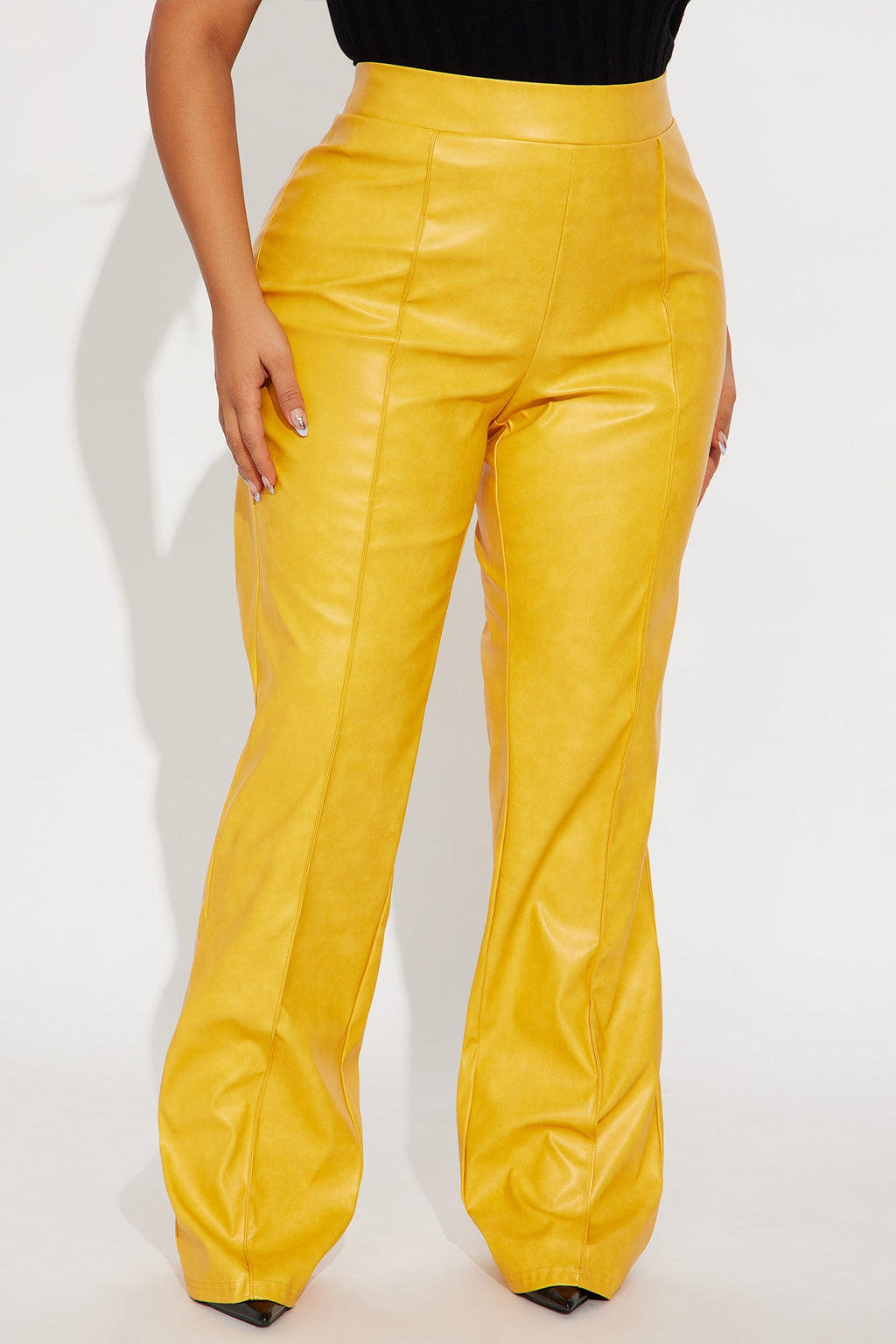 Victoria High Waisted Washed Faux Leather Dress Pants - Mustard 
