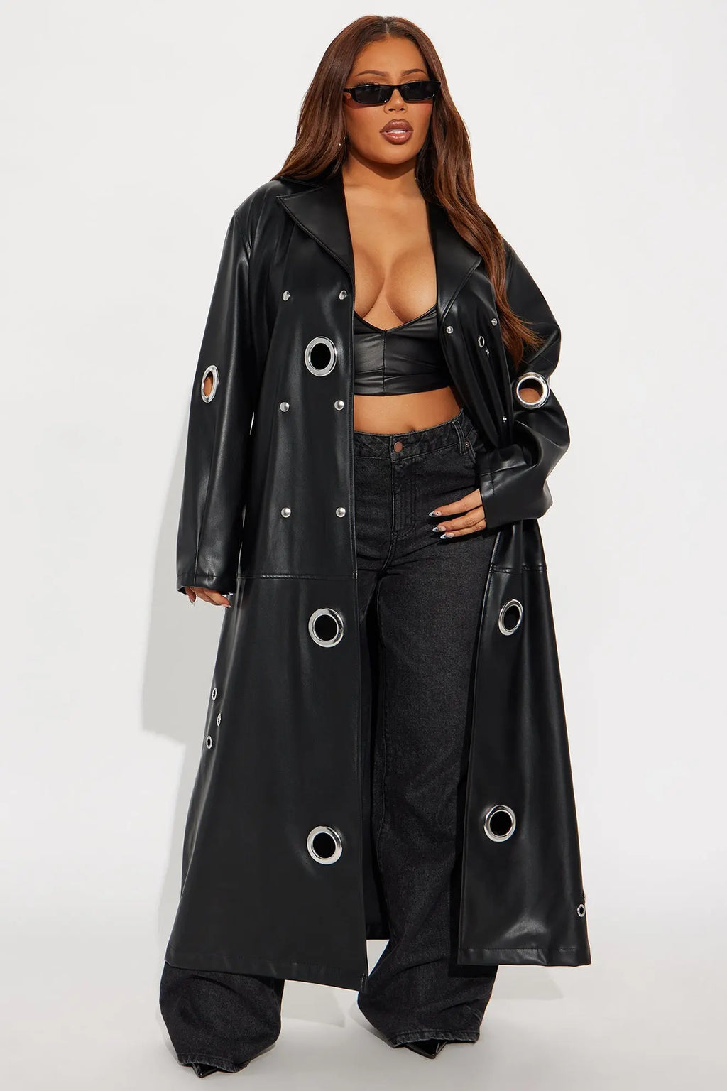 Magnetic Attraction Faux Leather Trench Coat - Black 