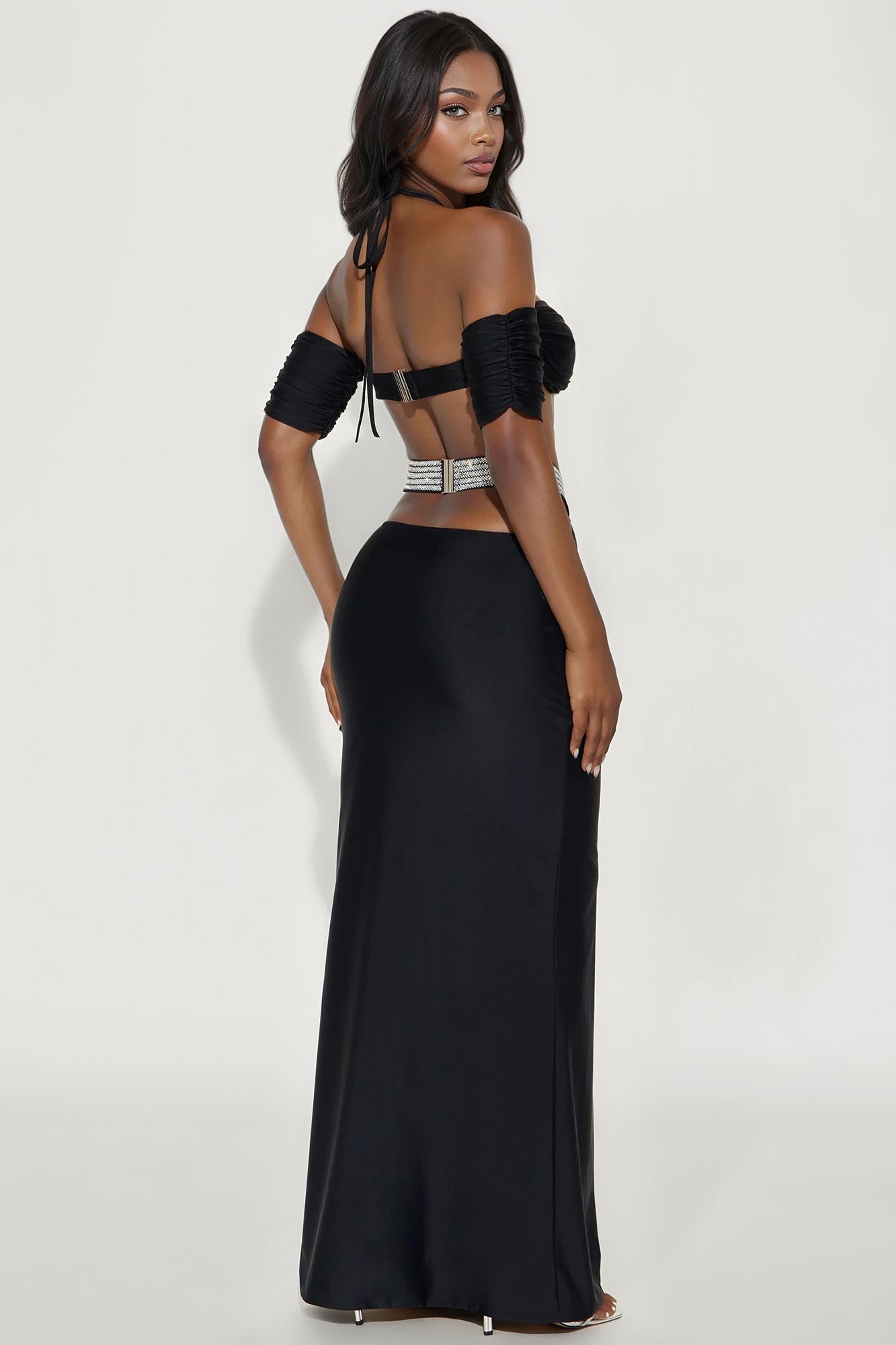 Champagne Toast Halter Top Maxi Skirt Set - Black