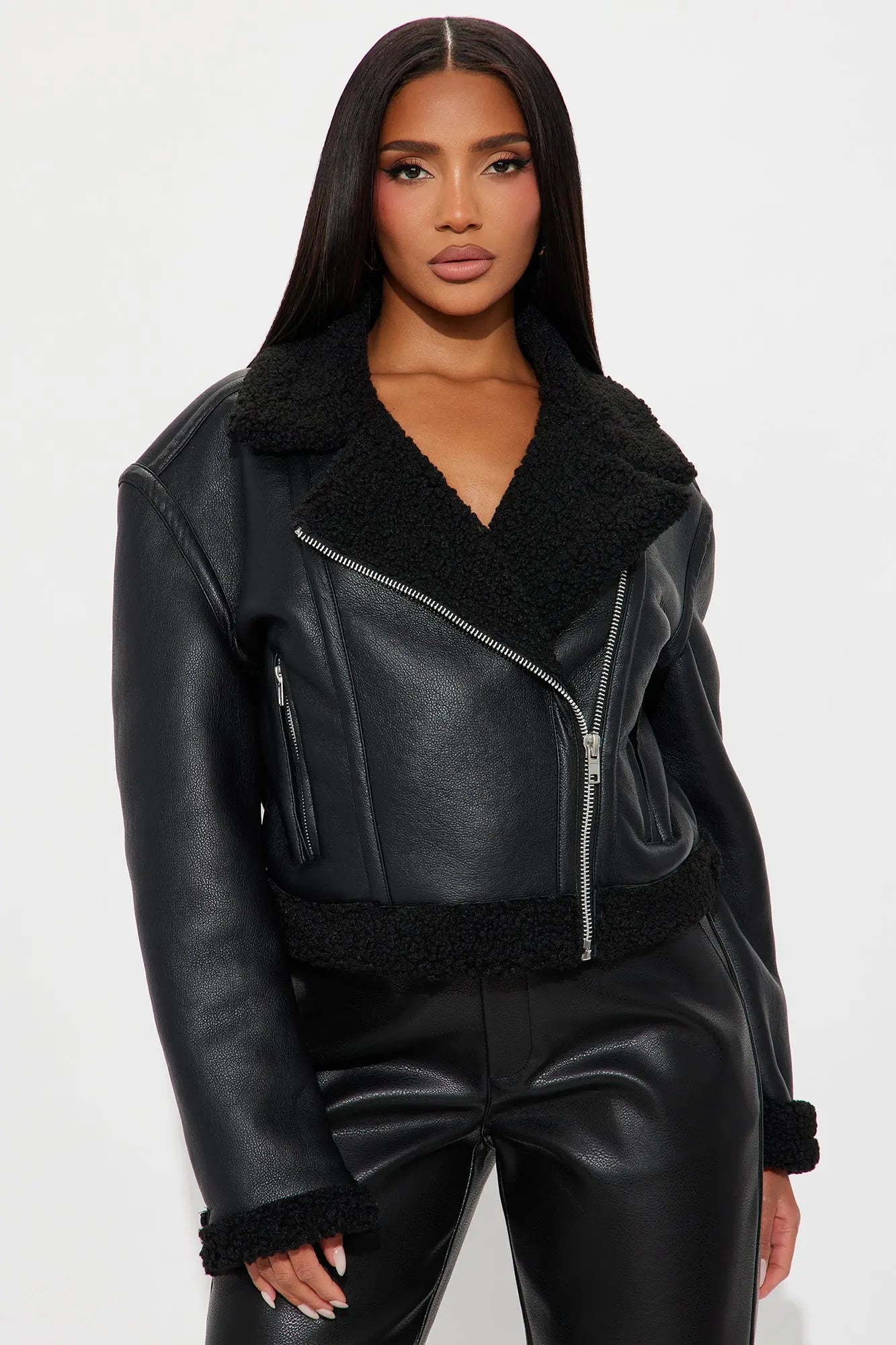 Charisma Faux Leather Shearling Jacket - Black 