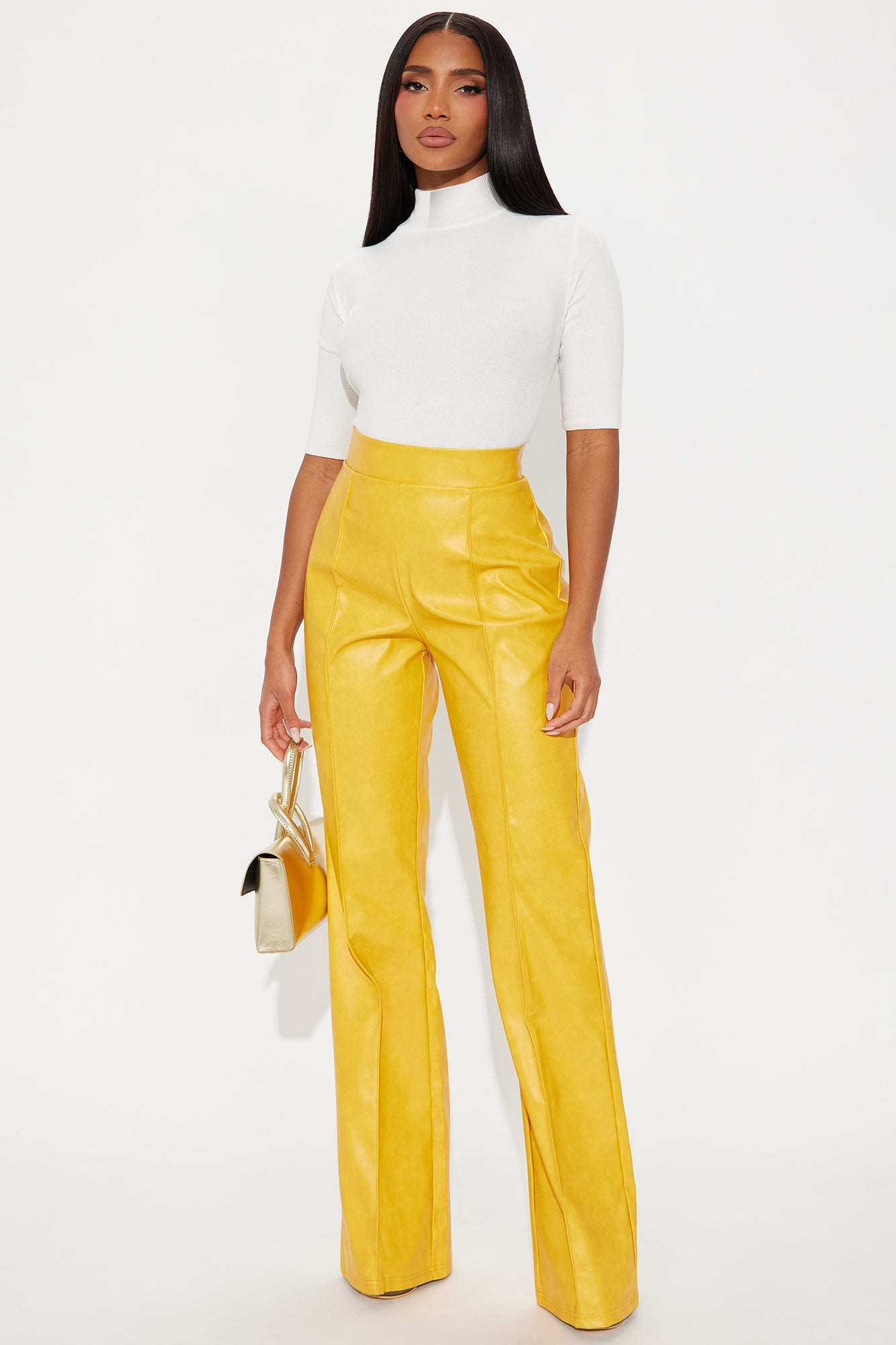 Victoria High Waisted Washed Faux Leather Dress Pants - Mustard 