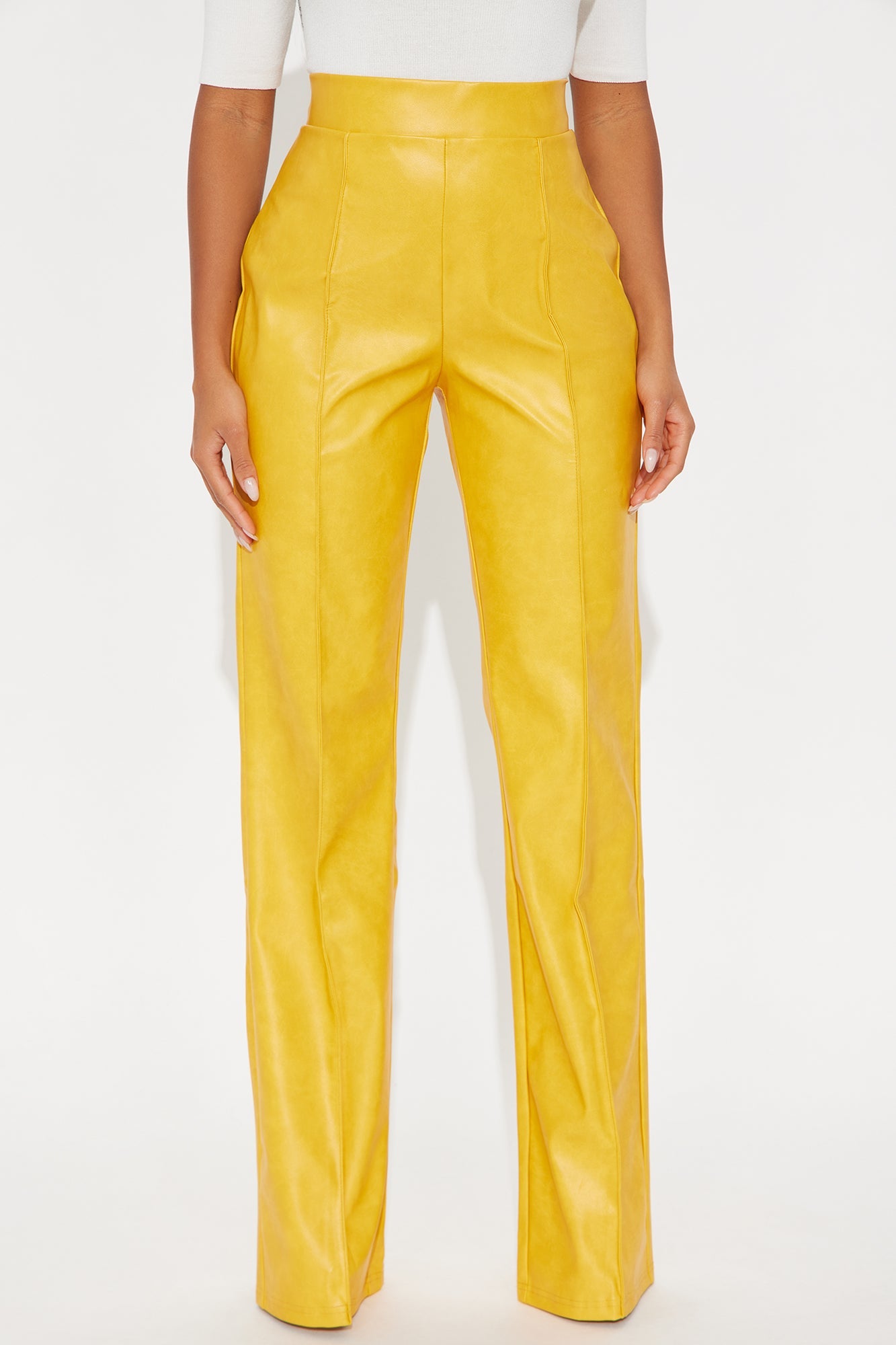Victoria High Waisted Washed Faux Leather Dress Pants - Mustard 