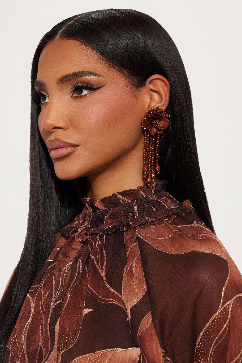 Thoughts Of You Beaded Floral Drop Earrings - Brown