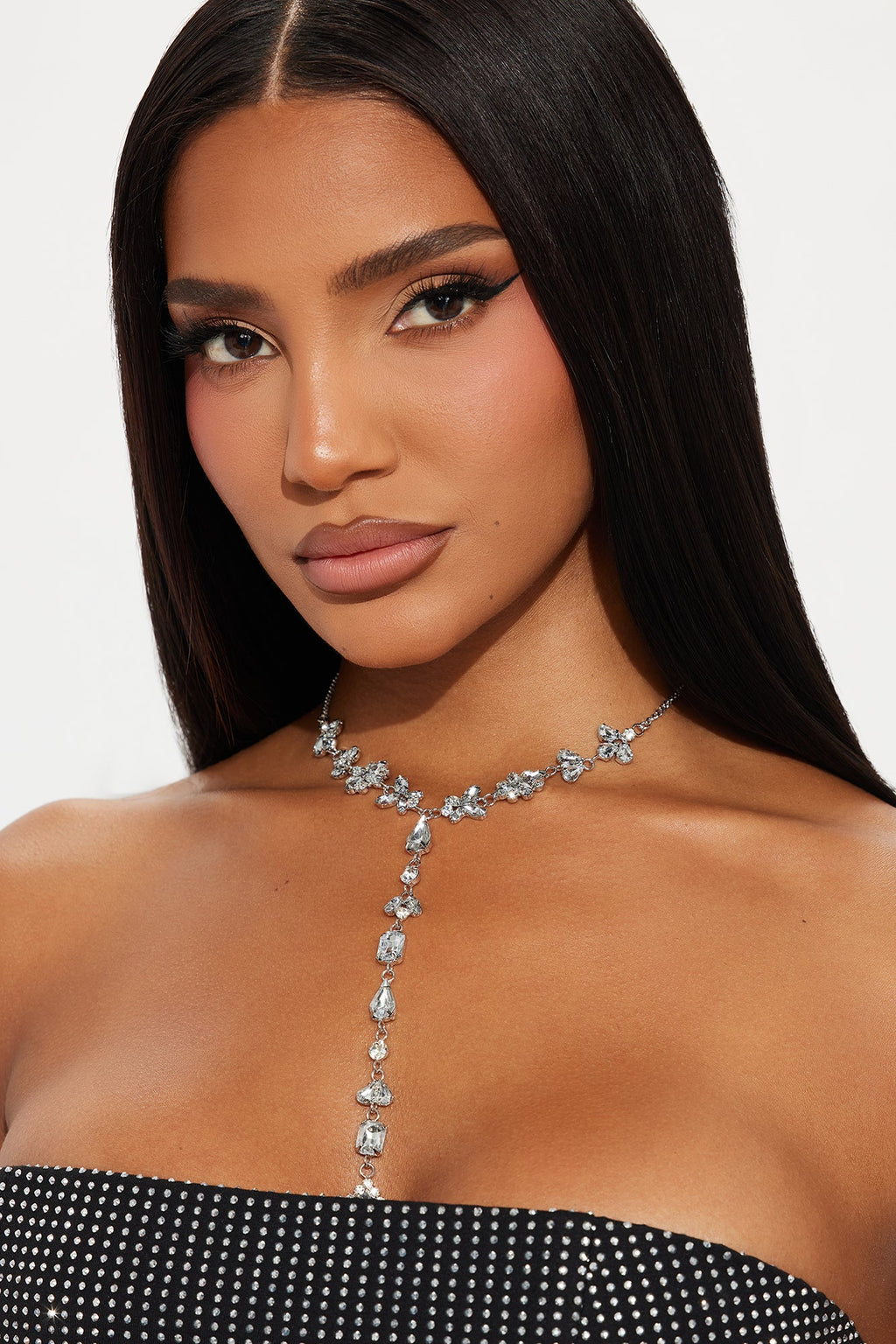 Sparkle Lure Rhinestone Lariat Necklace - Silver