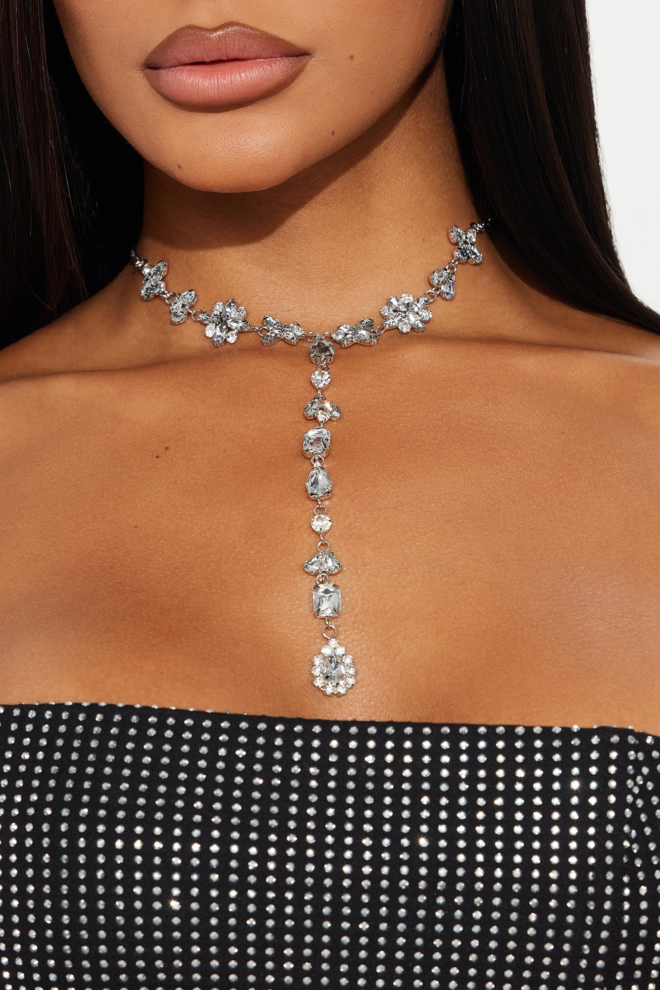 Sparkle Lure Rhinestone Lariat Necklace - Silver