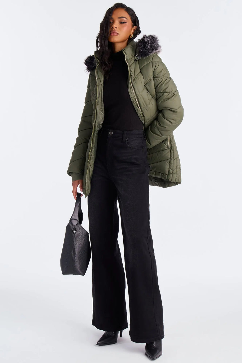Ski Date Hooded Puffer Jacket - Olive 