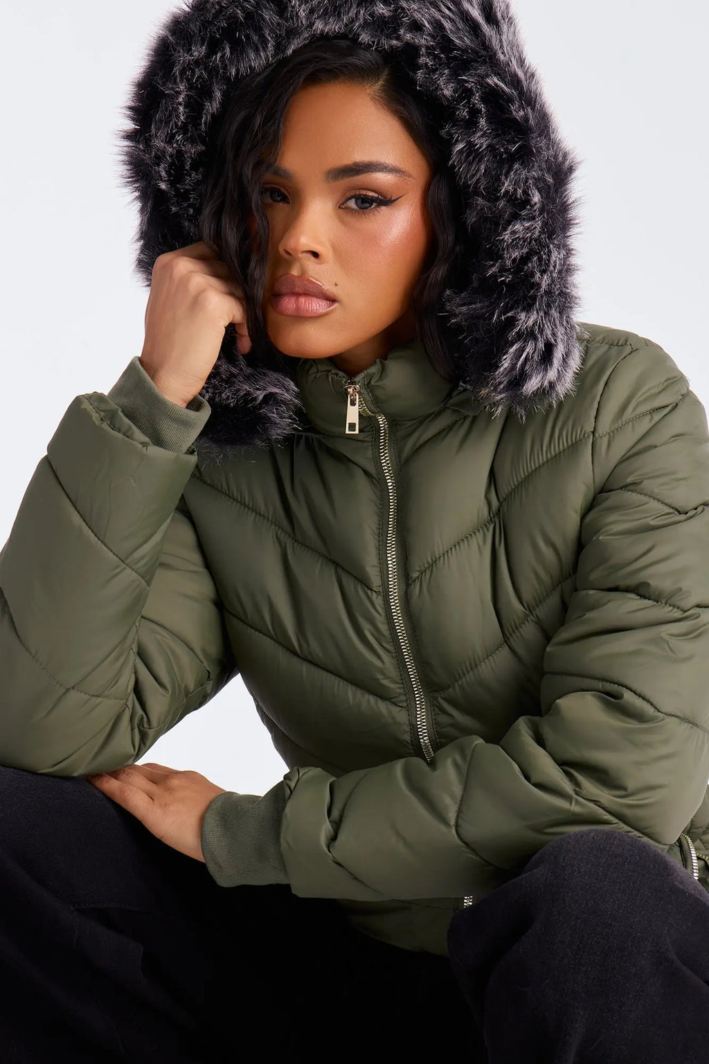 Ski Date Hooded Puffer Jacket - Olive 