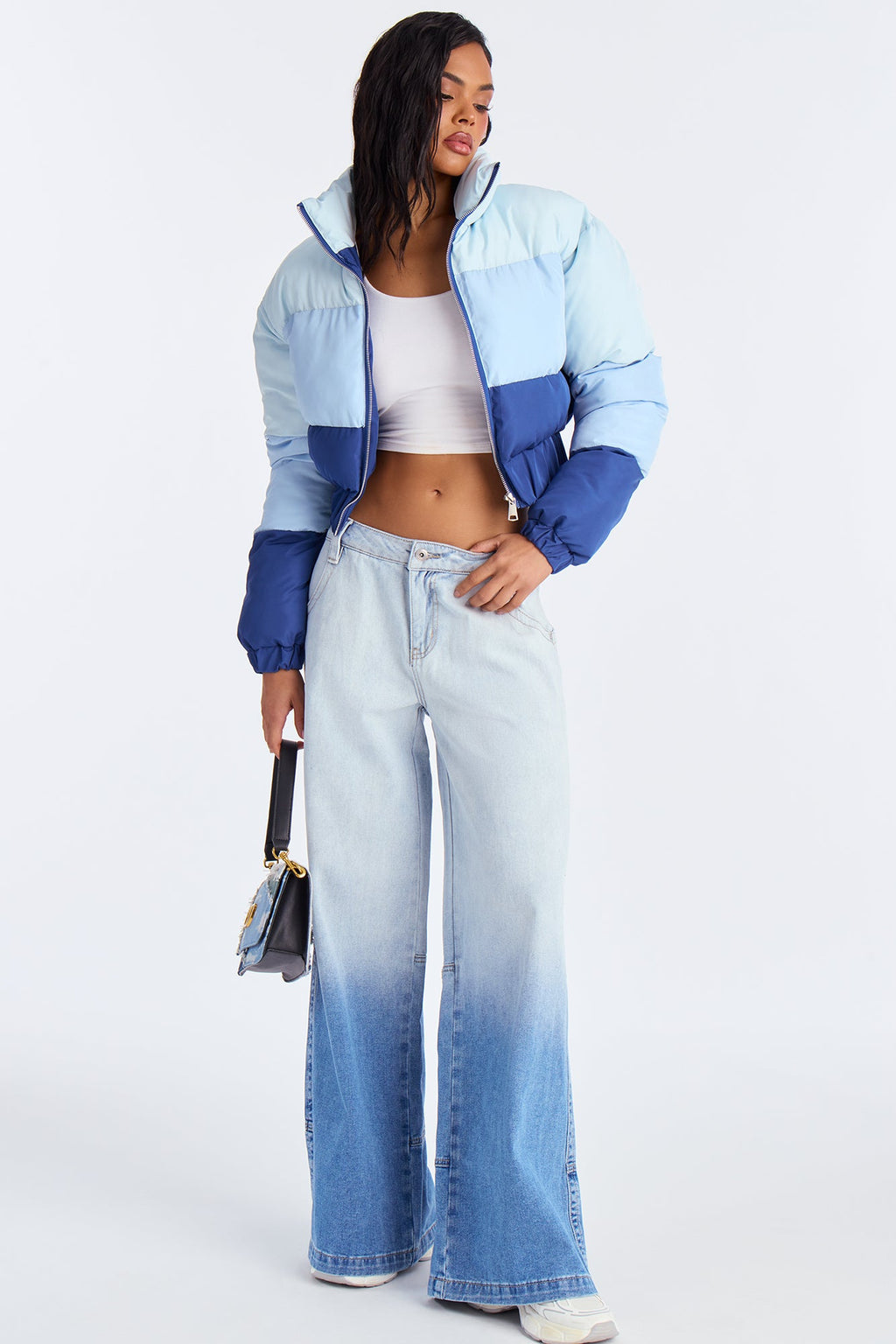 Drip Or Drown Ombre Cropped Puffer Jacket - Blue