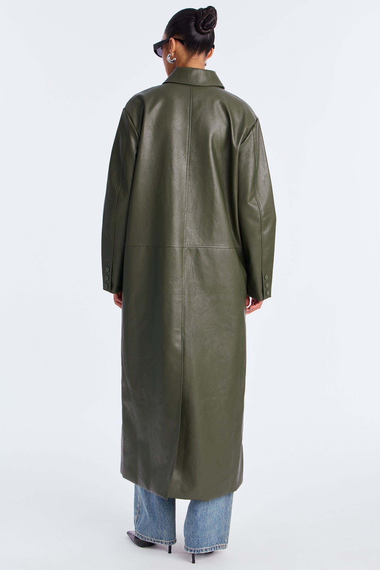 Drew Faux Leather Double Breasted Coat - Military Green 
