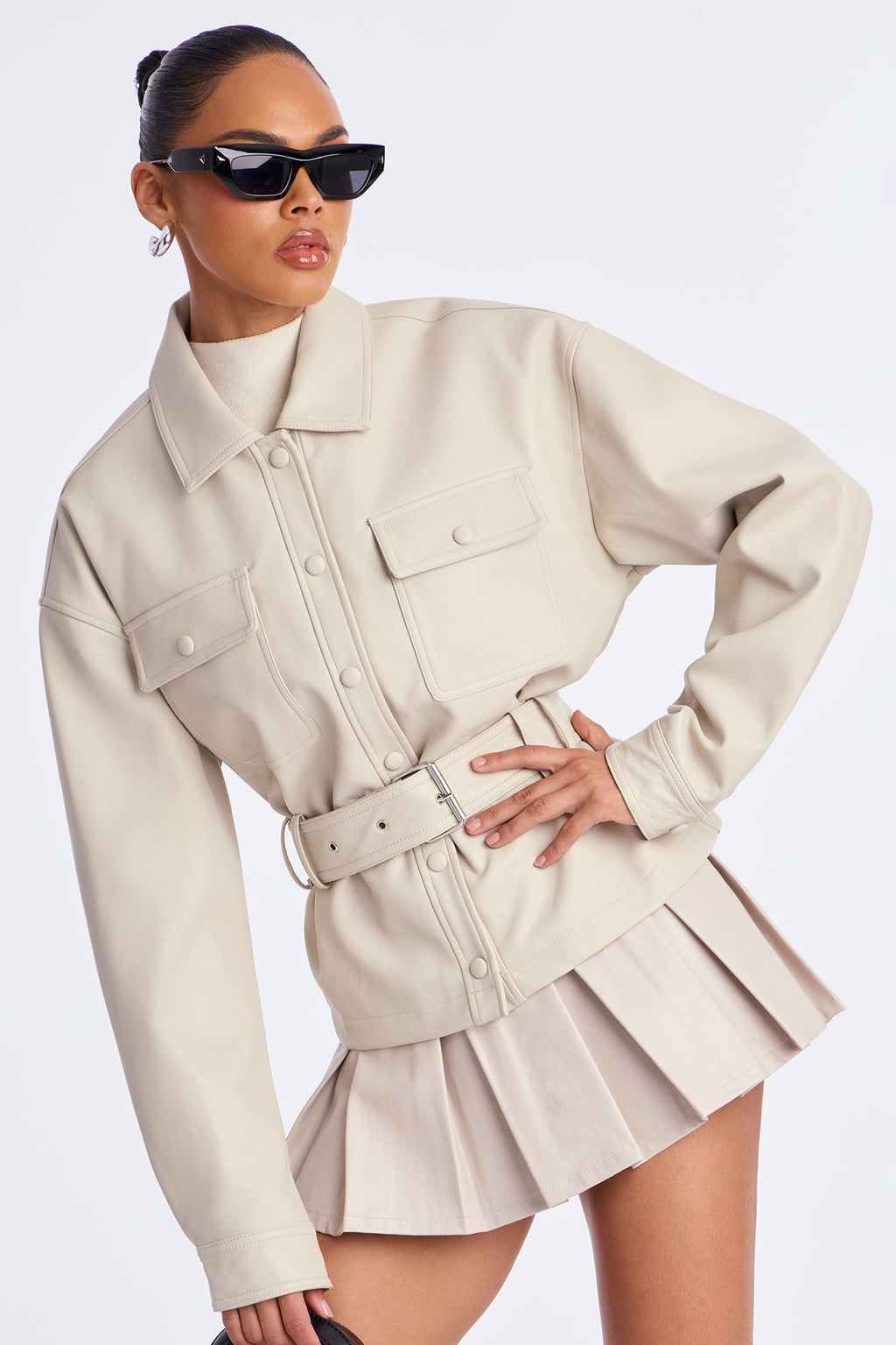 Melanie Belted Faux Leather Jacket - Stone 