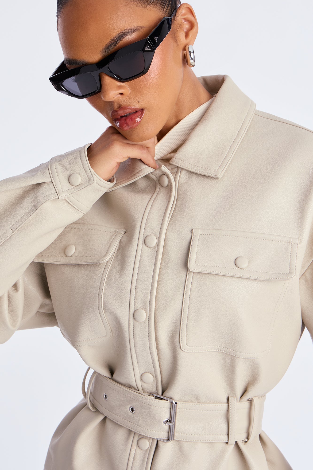 Melanie Belted Faux Leather Jacket - Stone 