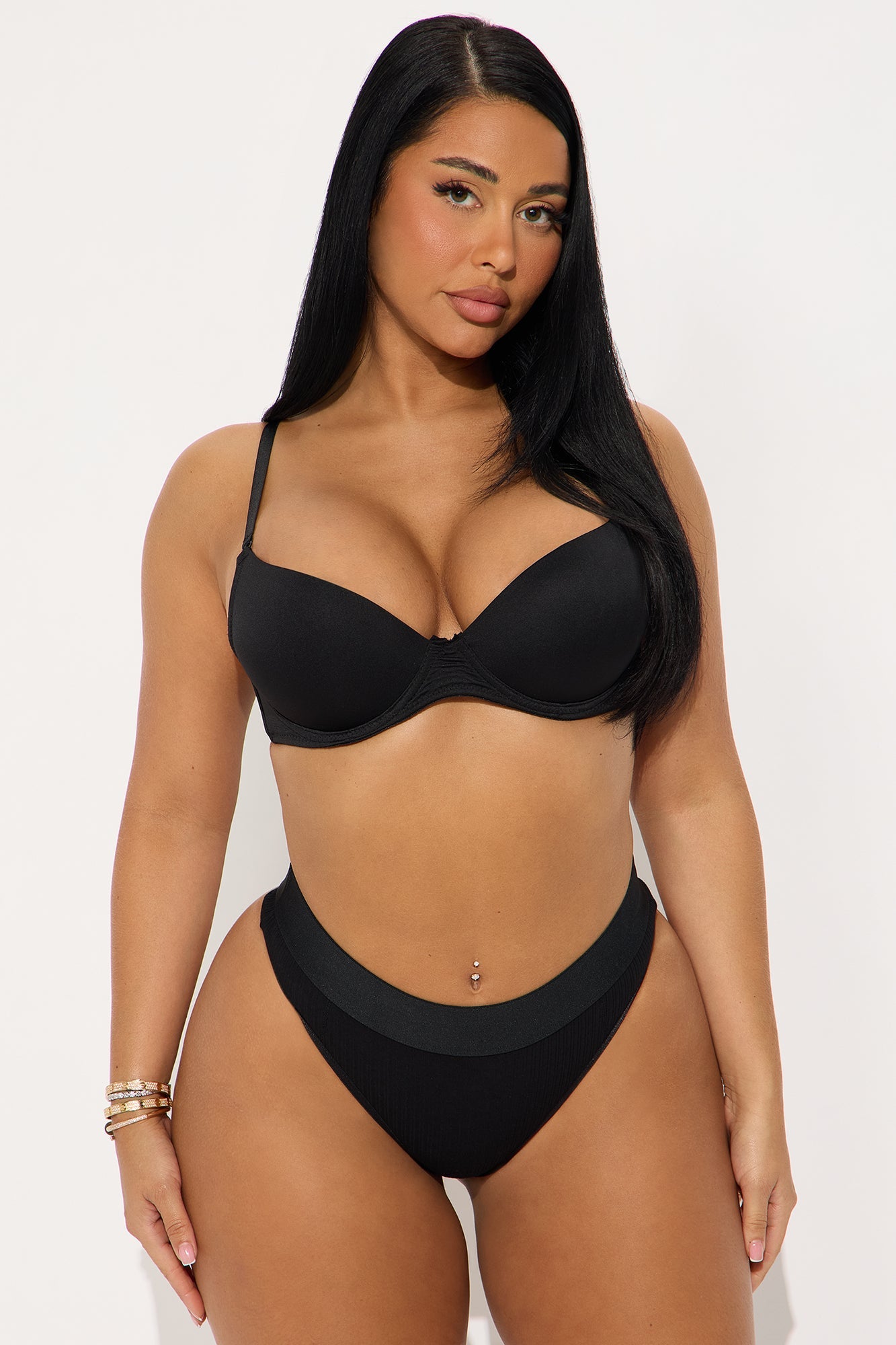 Cotton Stretch Ribbed Hipster Thong - Black