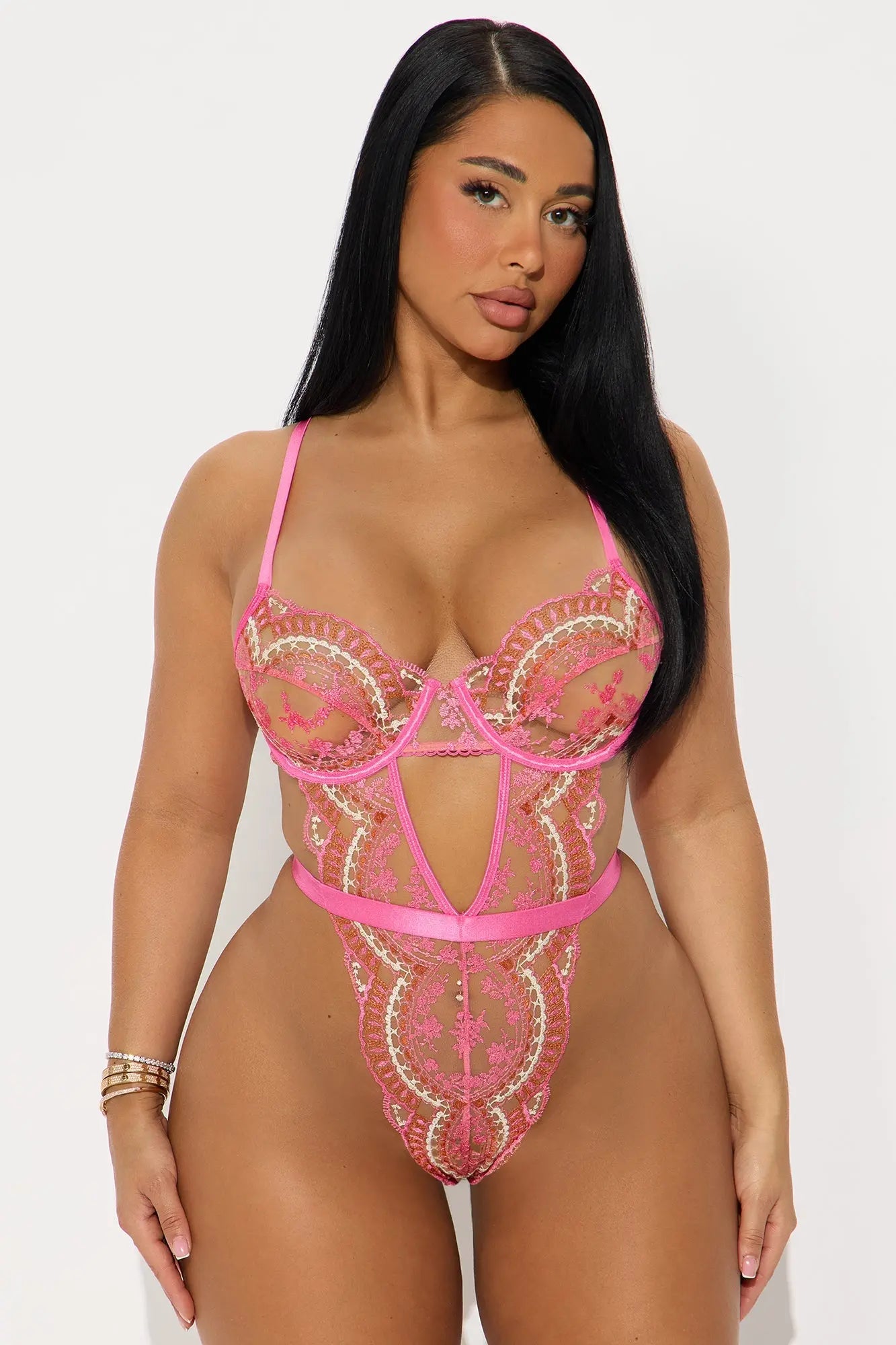 Flirt Alert Mesh Embroidered Teddy - Hot Pink/combo 