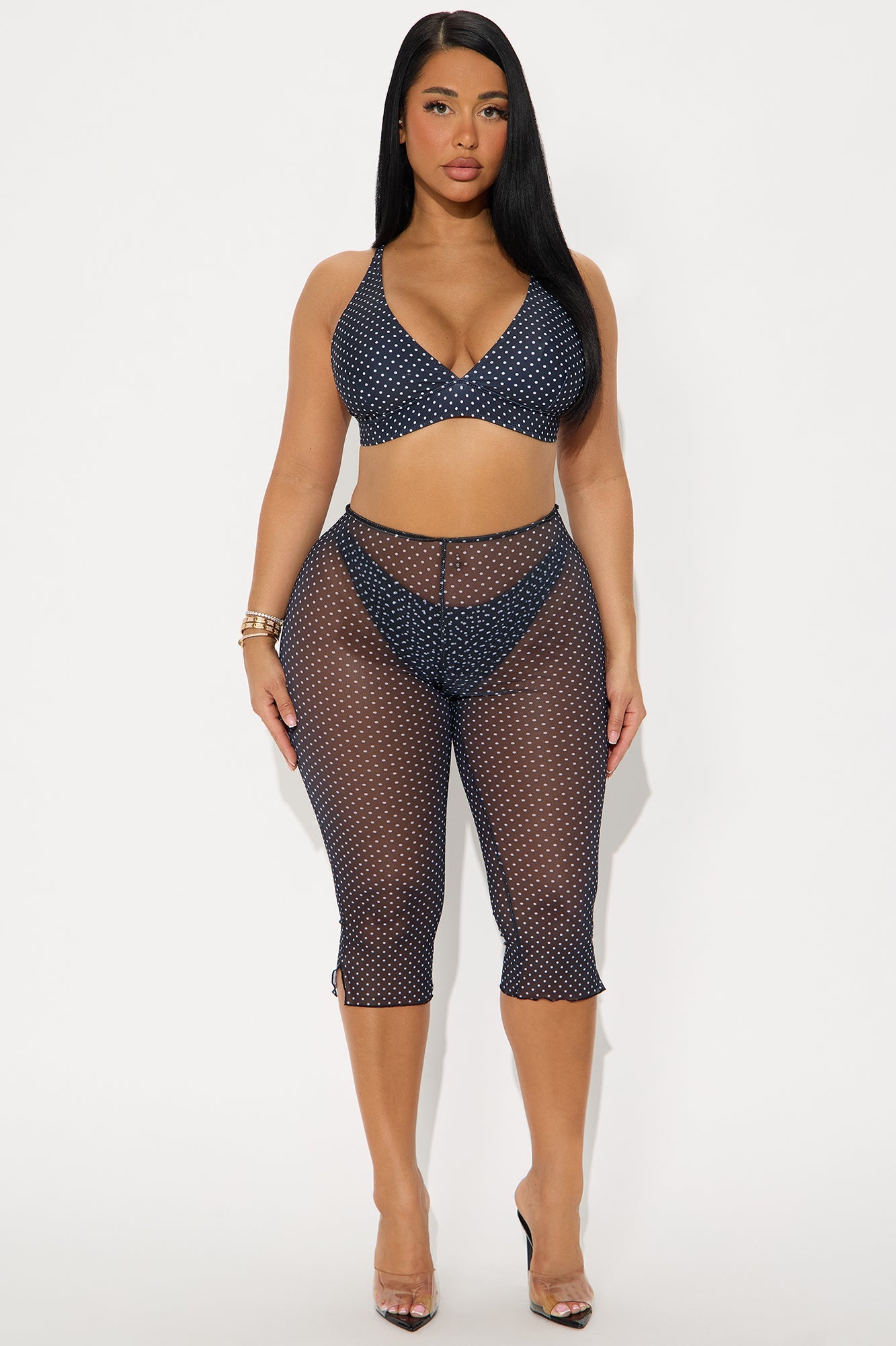 Sweet Talk 3 Piece Triangle Bralette Bikini & Mesh Capri Set - Black/White 