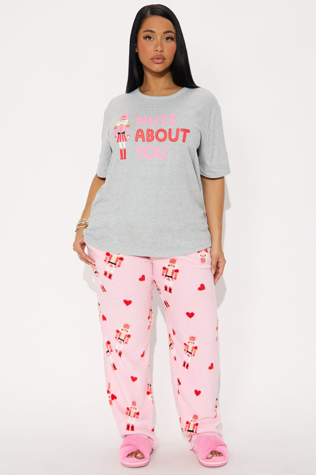 Nuts About You Short Sleeve Plush PJ Pant Set - Pink/combo