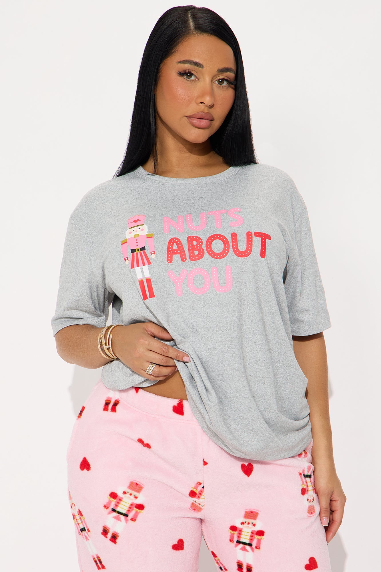 Nuts About You Short Sleeve Plush PJ Pant Set - Pink/combo
