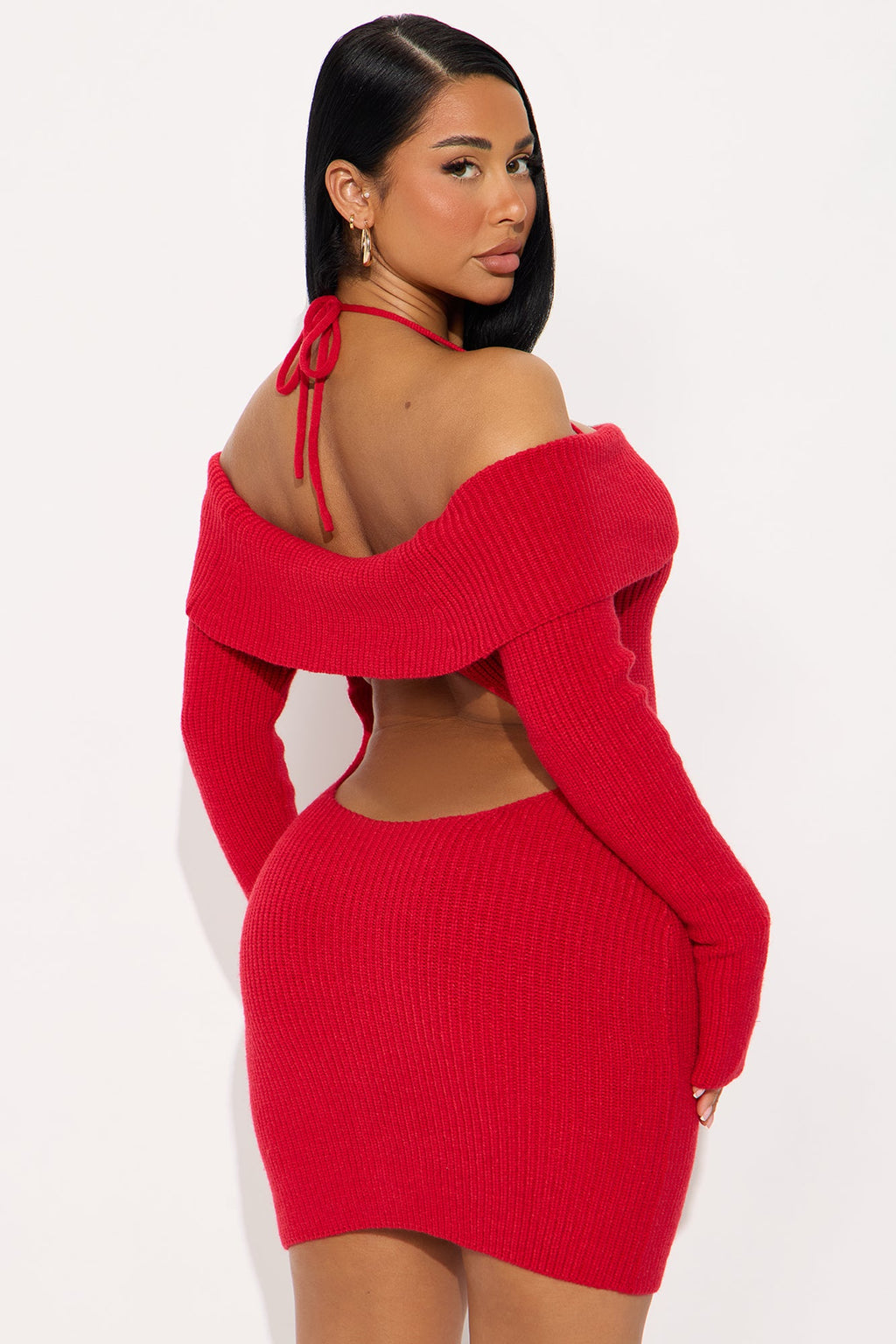 Hannah Open Back Sweater Mini Dress - Red