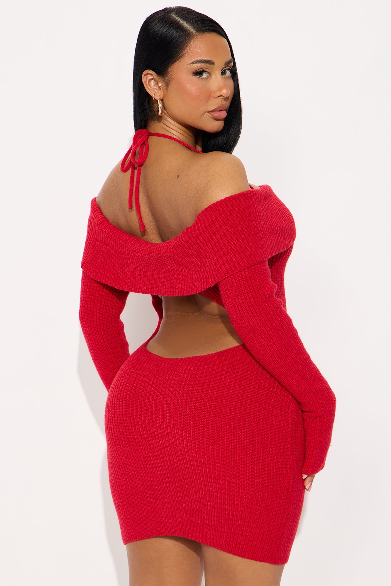 Hannah Open Back Sweater Mini Dress - Red