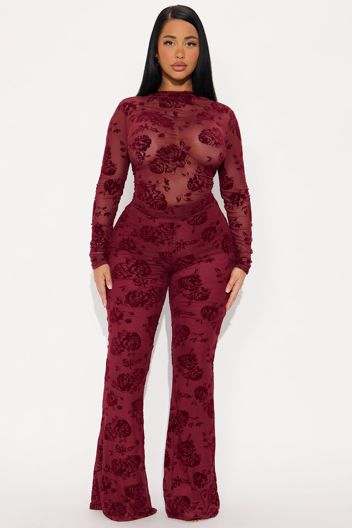Jordyn Mesh Pant Set - Wine 