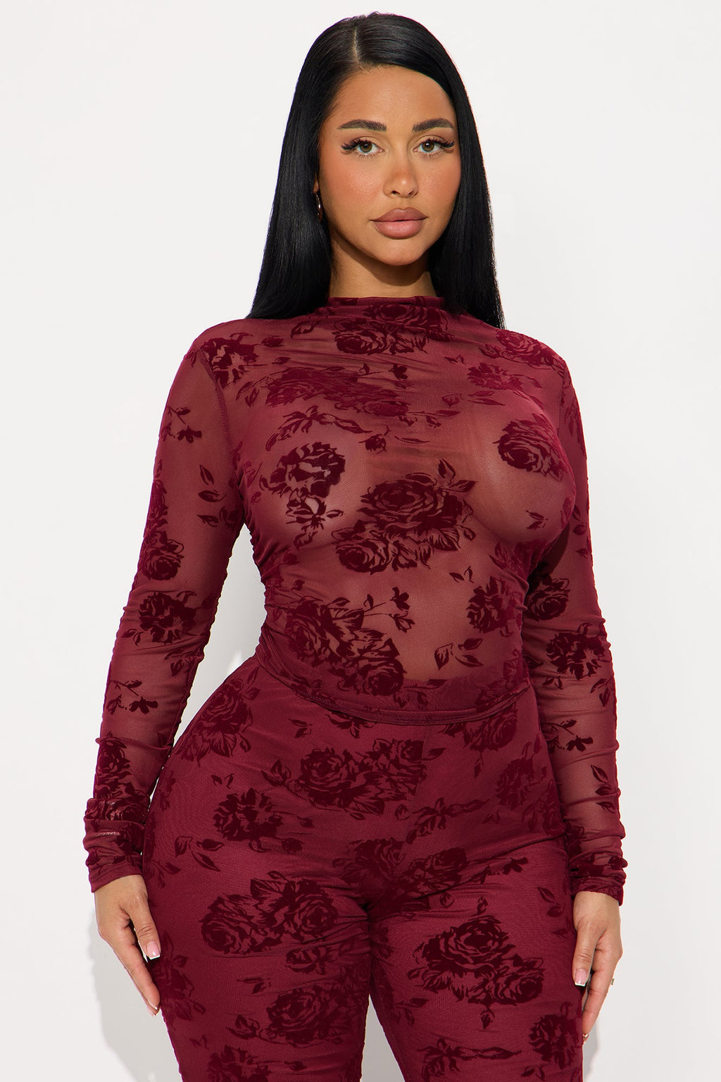 Jordyn Mesh Pant Set - Wine 