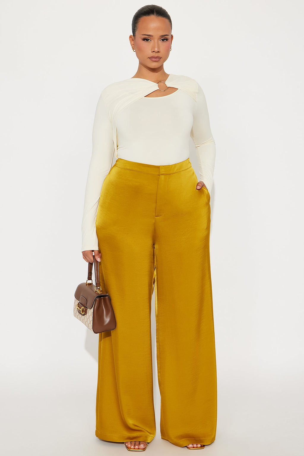 Denise Satin Wide Leg Trouser Pant - Mustard 