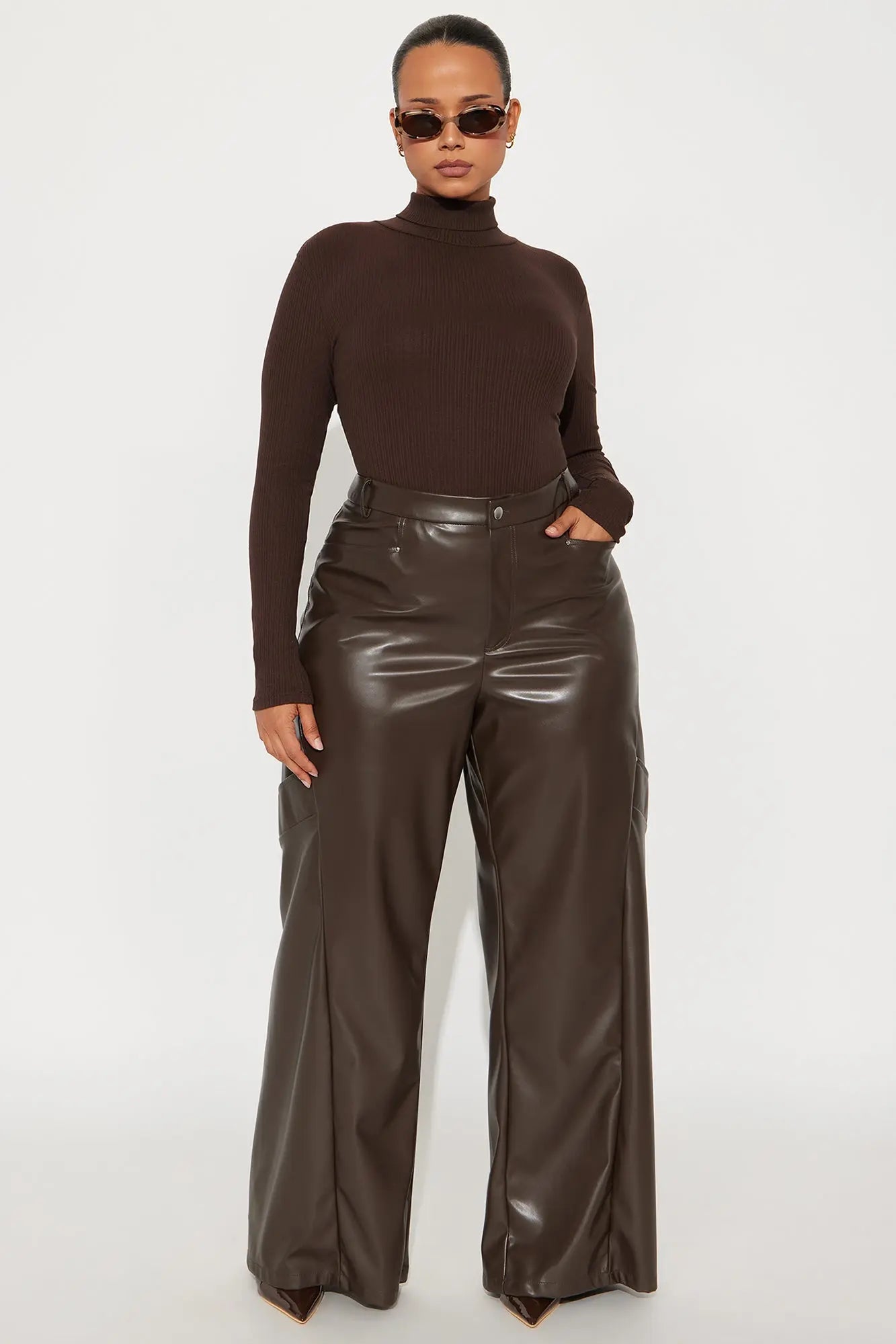 Cara Faux Leather Wide Leg Pant 33 - Brown 