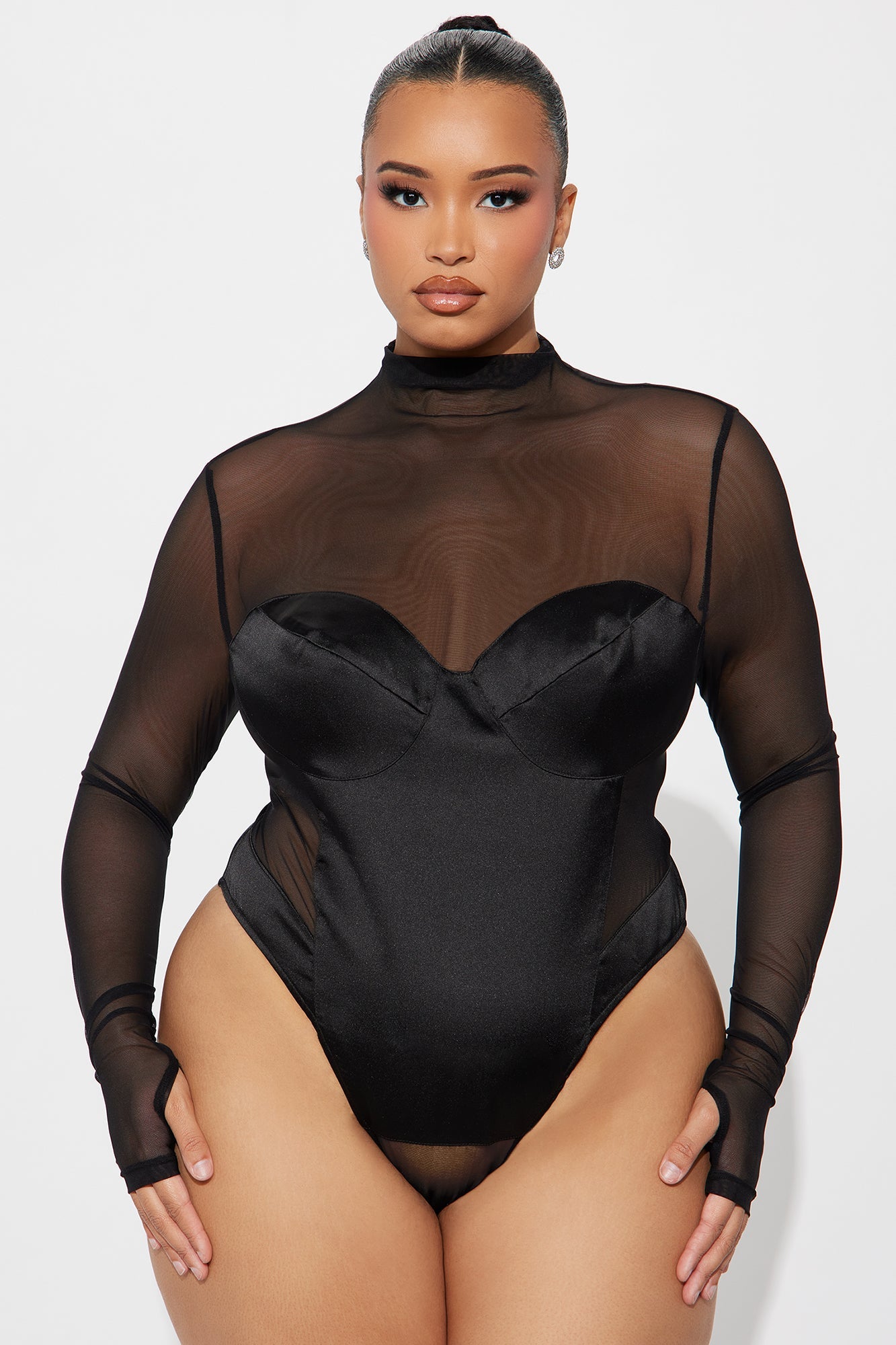 Caught On Camera Satin Bodysuit Skirt Set - Black 