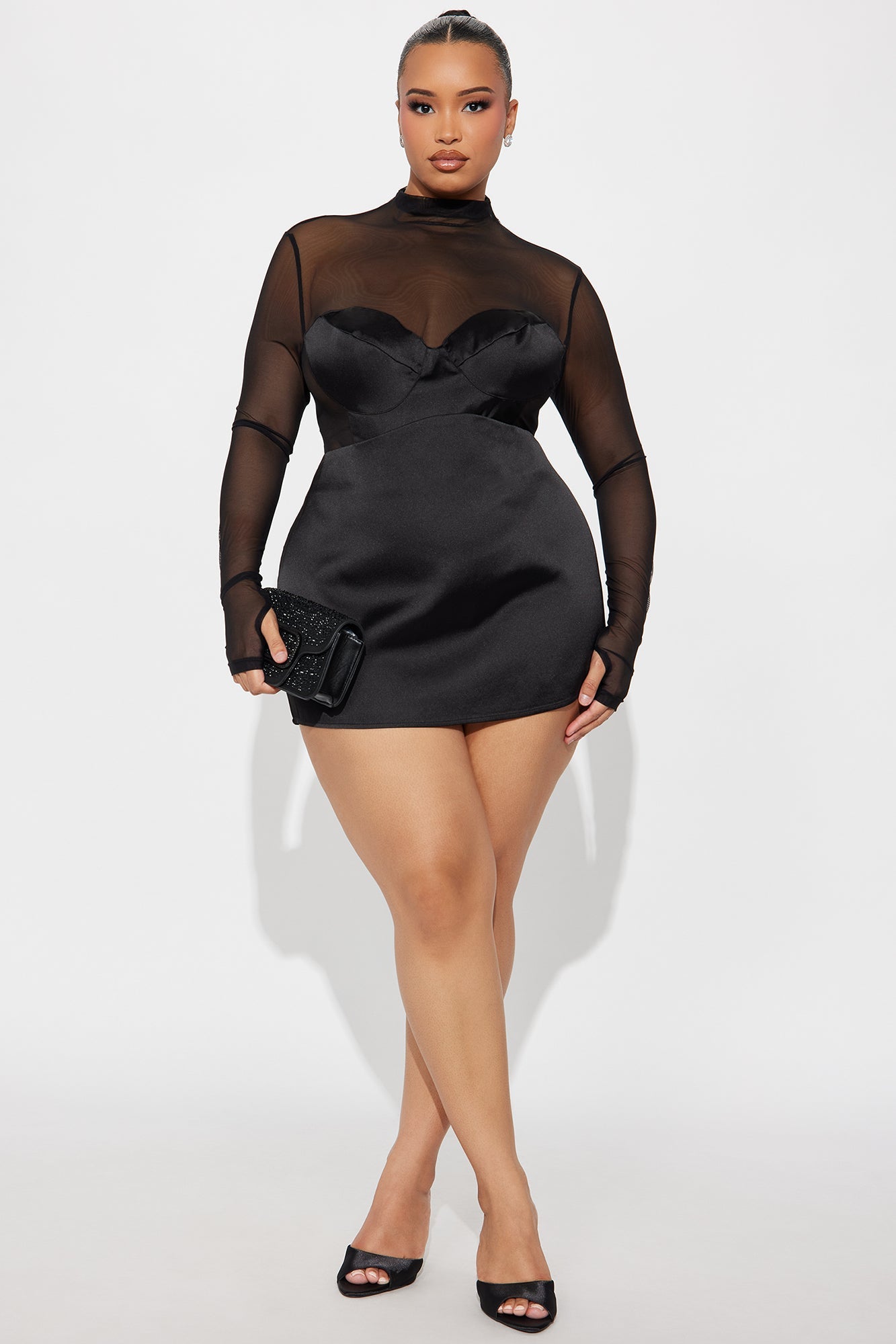 Caught On Camera Satin Bodysuit Skirt Set - Black 