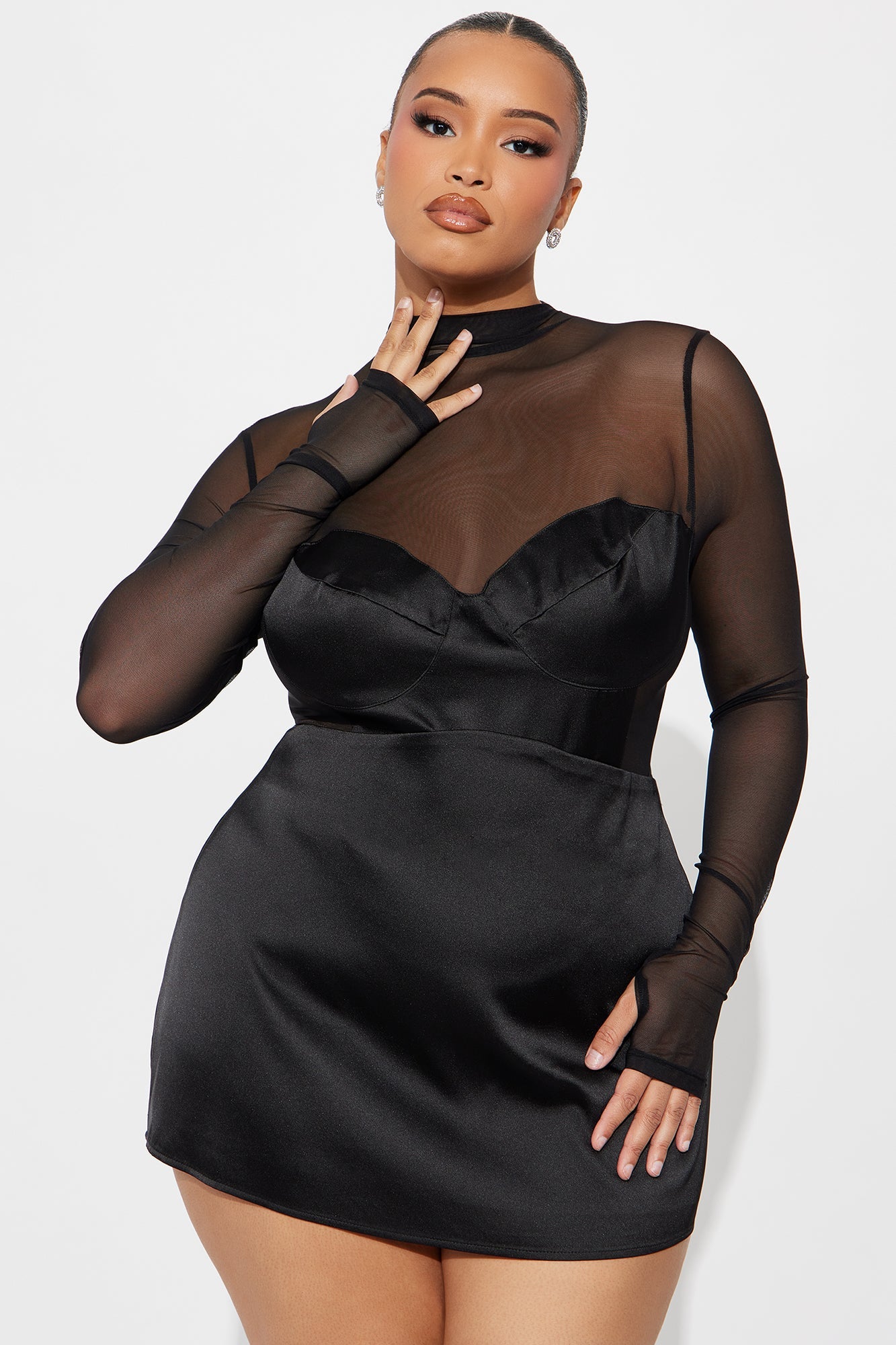 Caught On Camera Satin Bodysuit Skirt Set - Black 