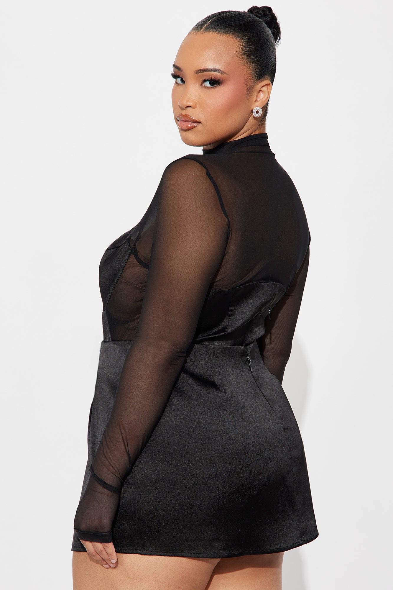 Caught On Camera Satin Bodysuit Skirt Set - Black 