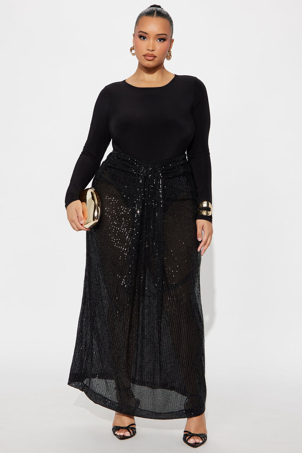 Party Time Sequin Drape Maxi Skirt - Black 