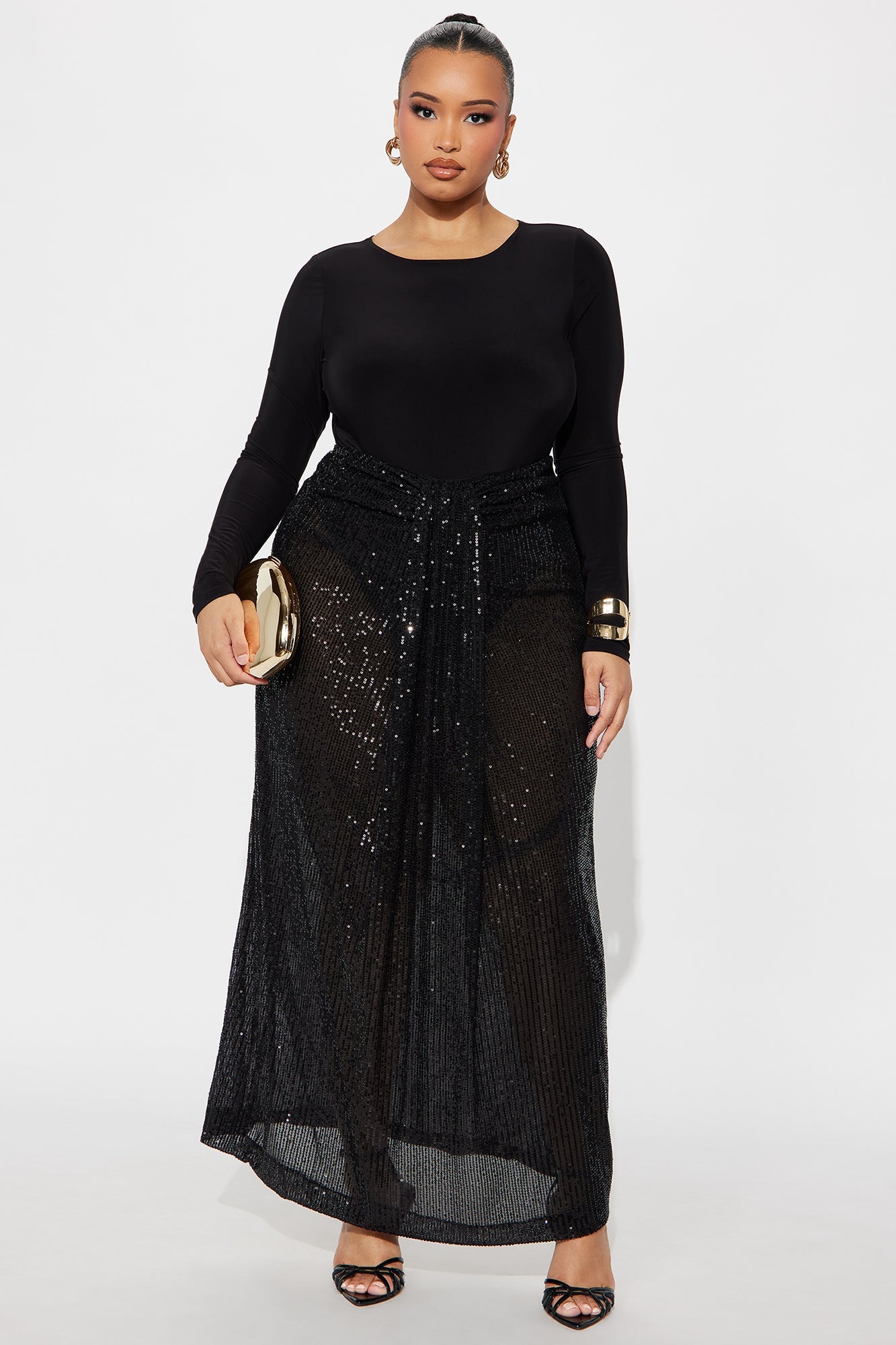 Party Time Sequin Drape Maxi Skirt - Black 