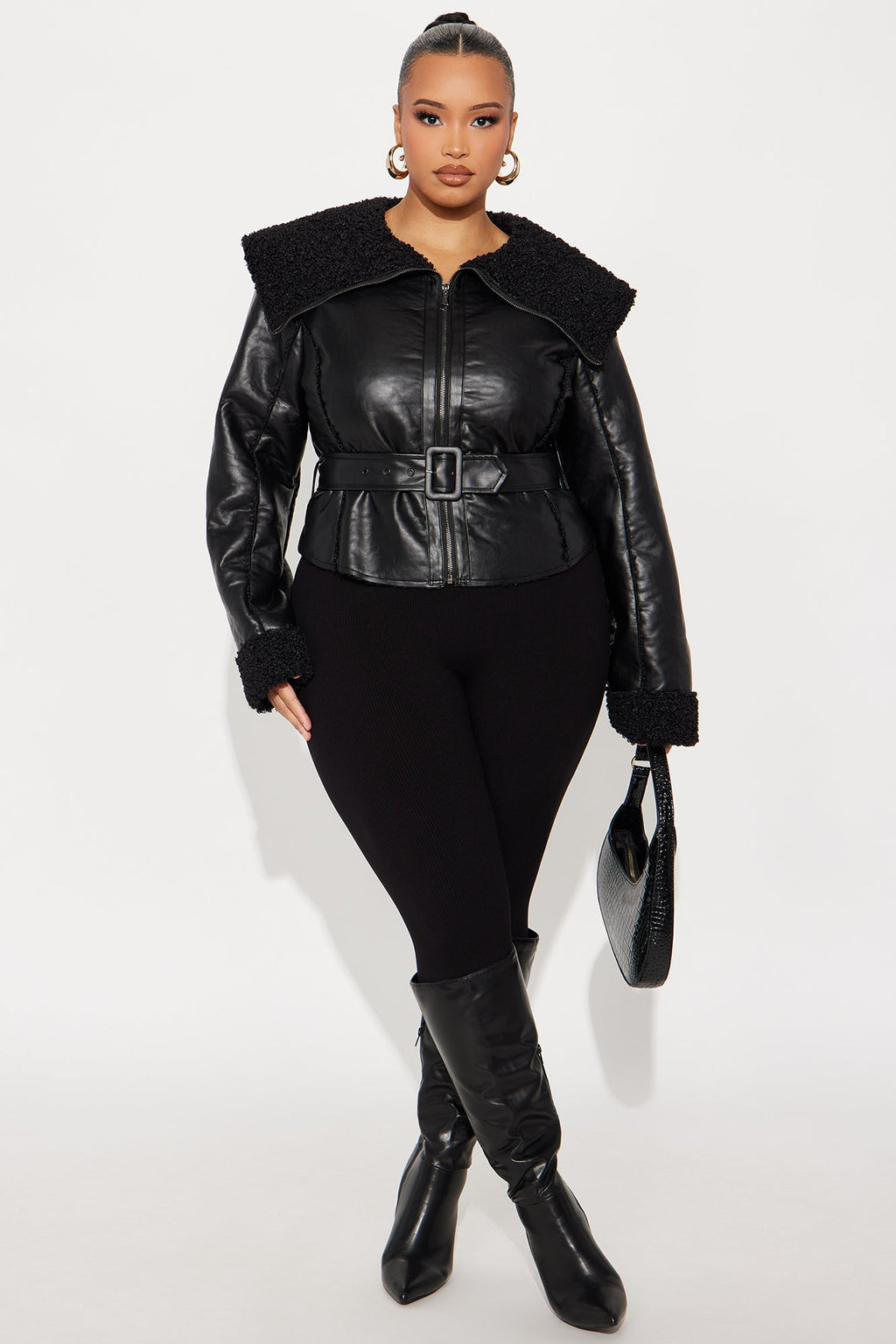 Paloma Faux Leather Sherpa Lined Coat - Black 