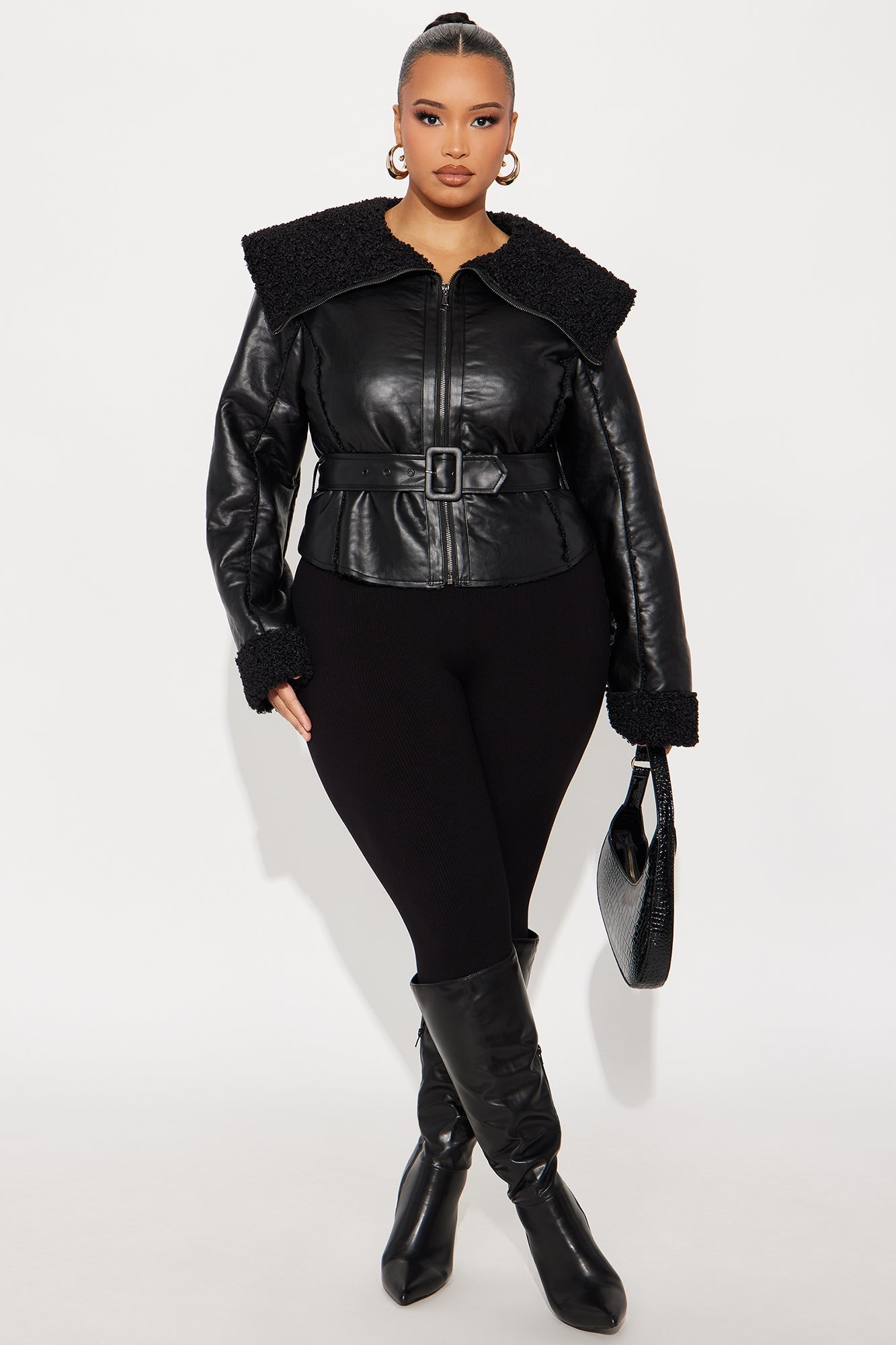 Paloma Faux Leather Sherpa Lined Coat - Black 