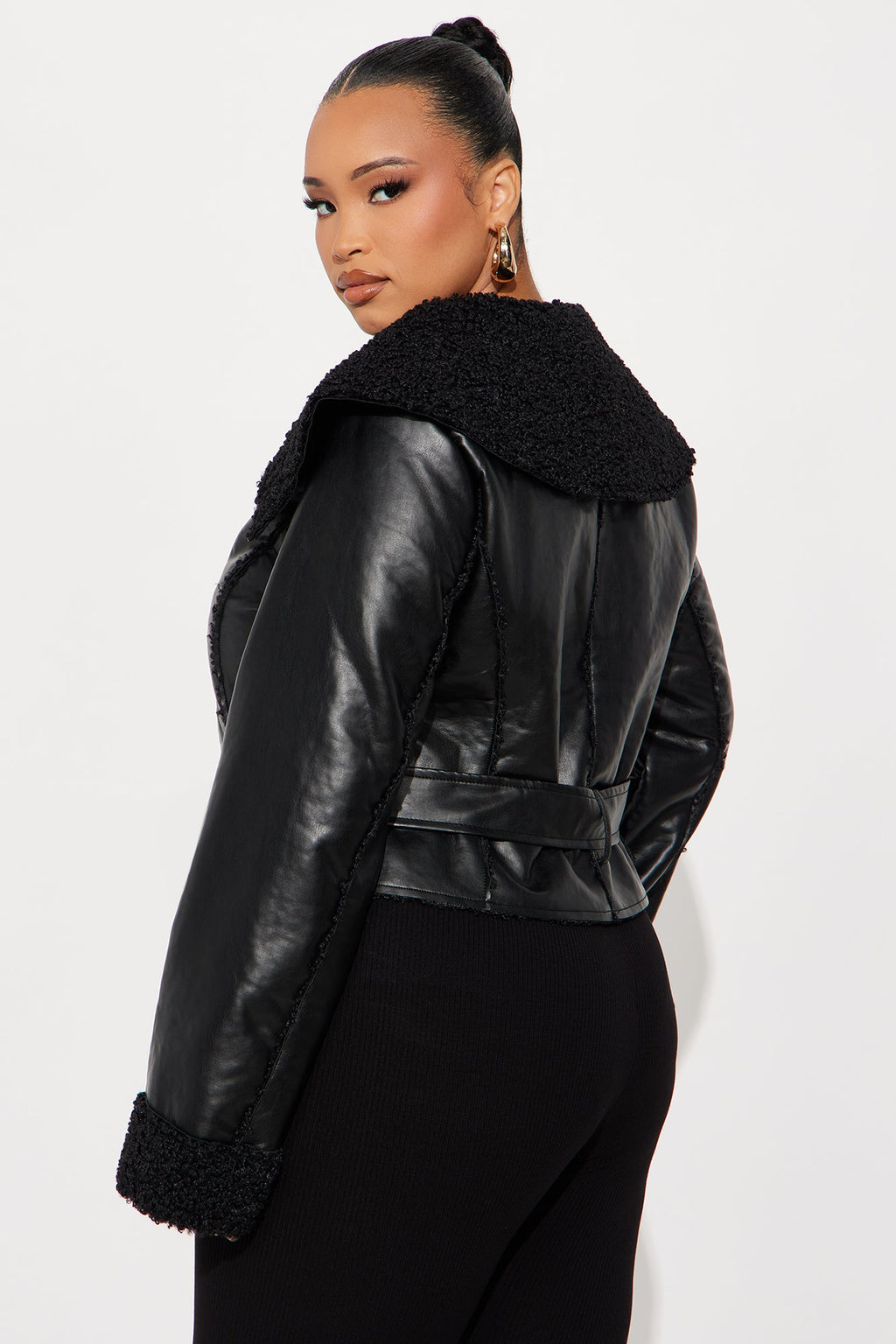 Paloma Faux Leather Sherpa Lined Coat - Black 