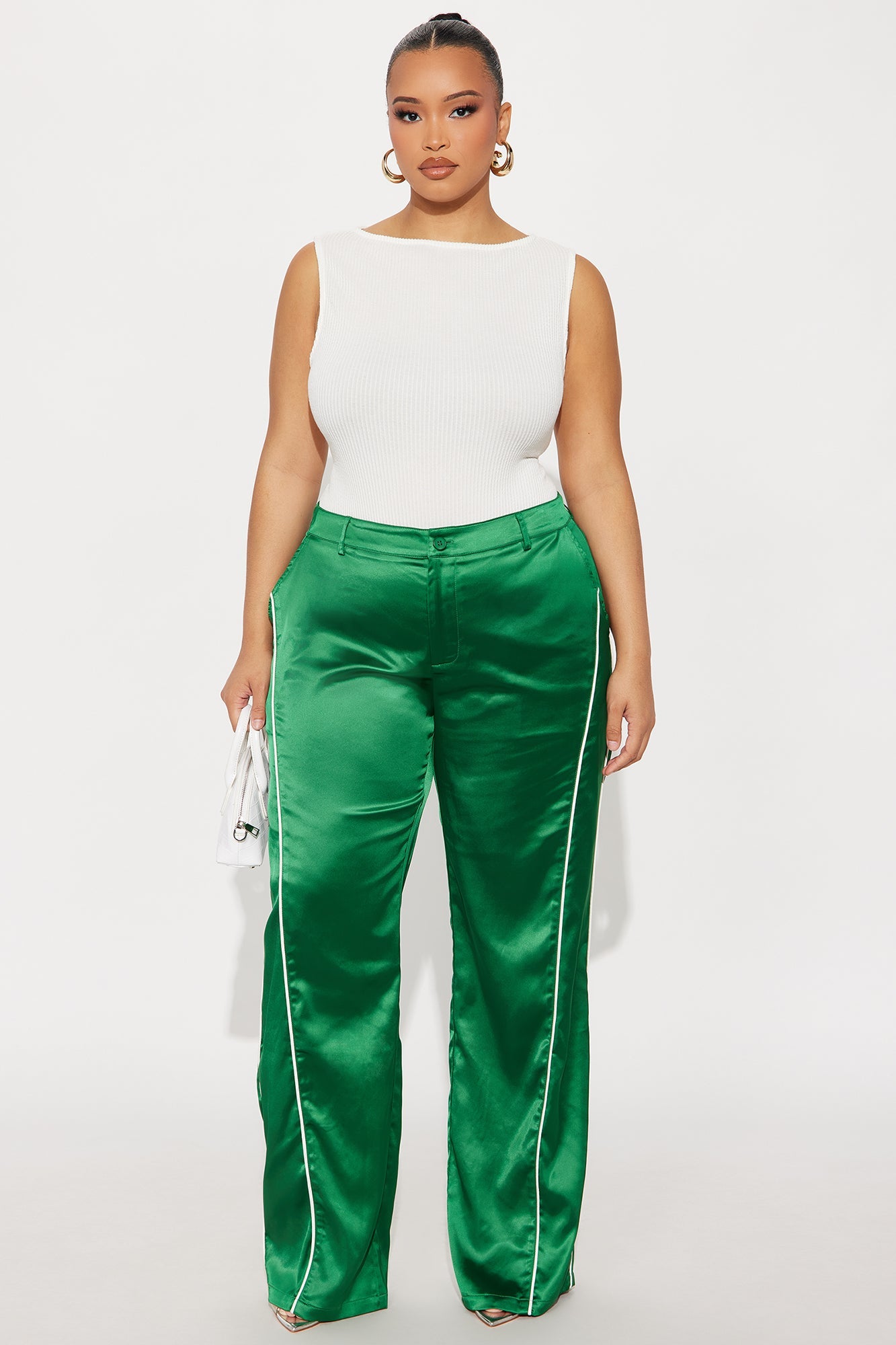 Keep Up With Me Satin Wide Leg Track Pant 33 - Green 
