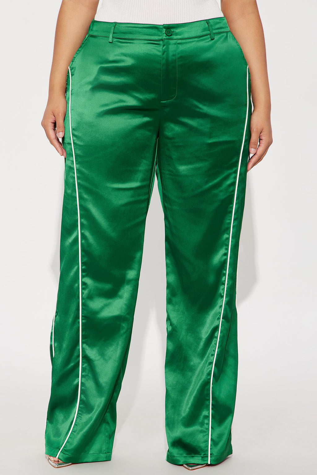Keep Up With Me Satin Wide Leg Track Pant 33 - Green 