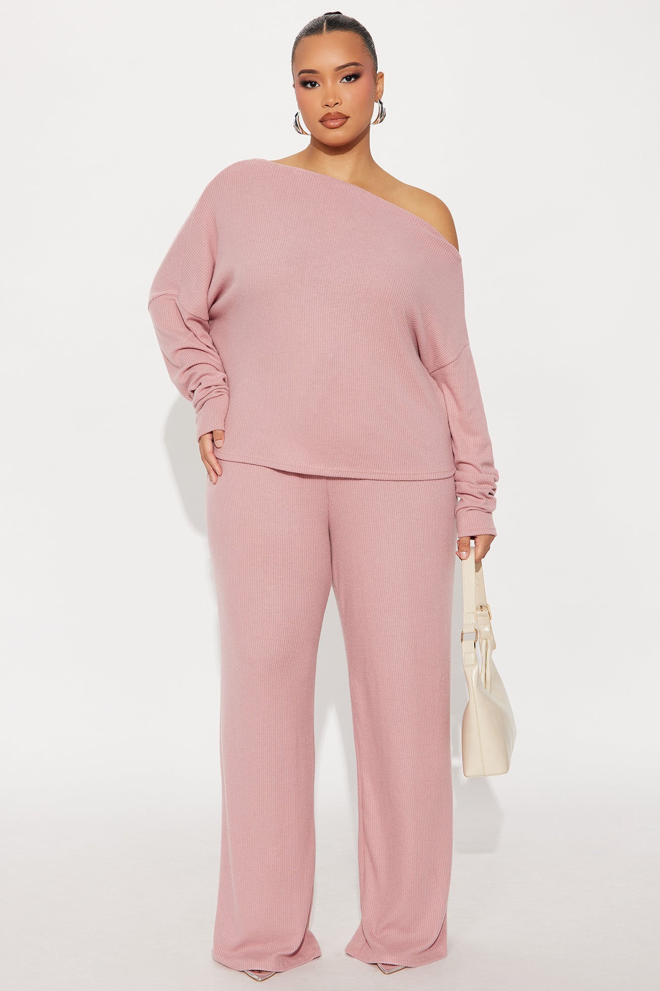 Fall Vibes Cozy Off Shoulder Pant Set - Mauve