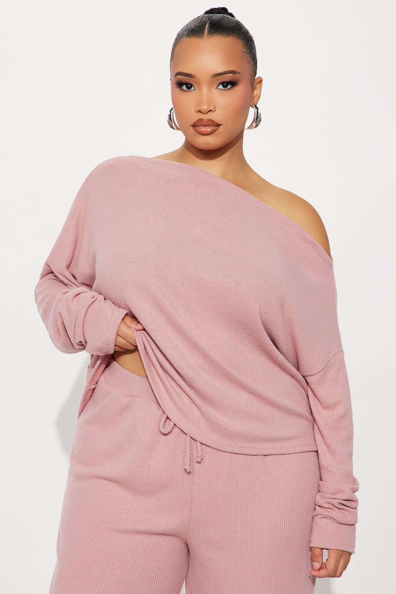 Fall Vibes Cozy Off Shoulder Pant Set - Mauve