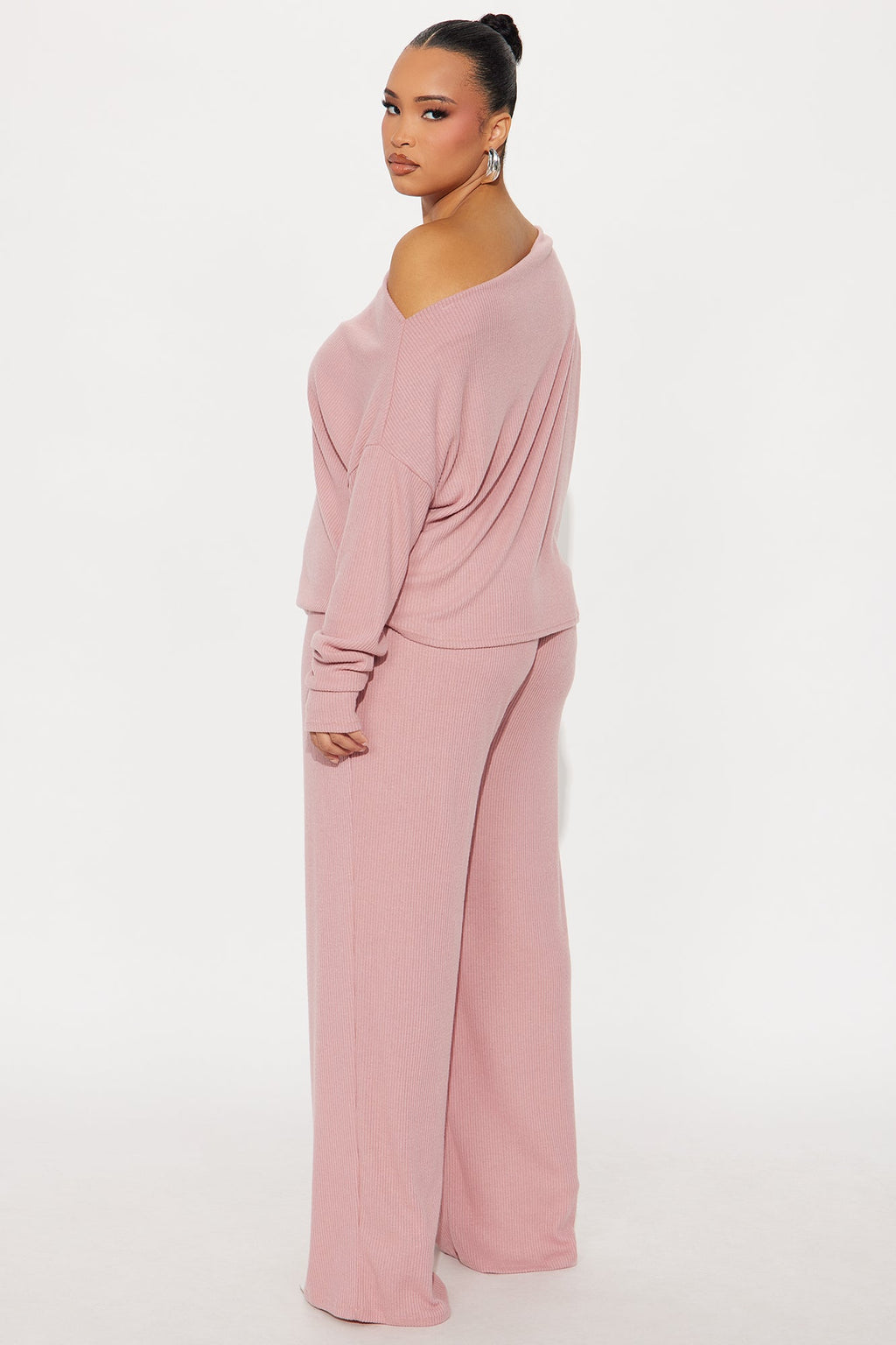 Fall Vibes Cozy Off Shoulder Pant Set - Mauve
