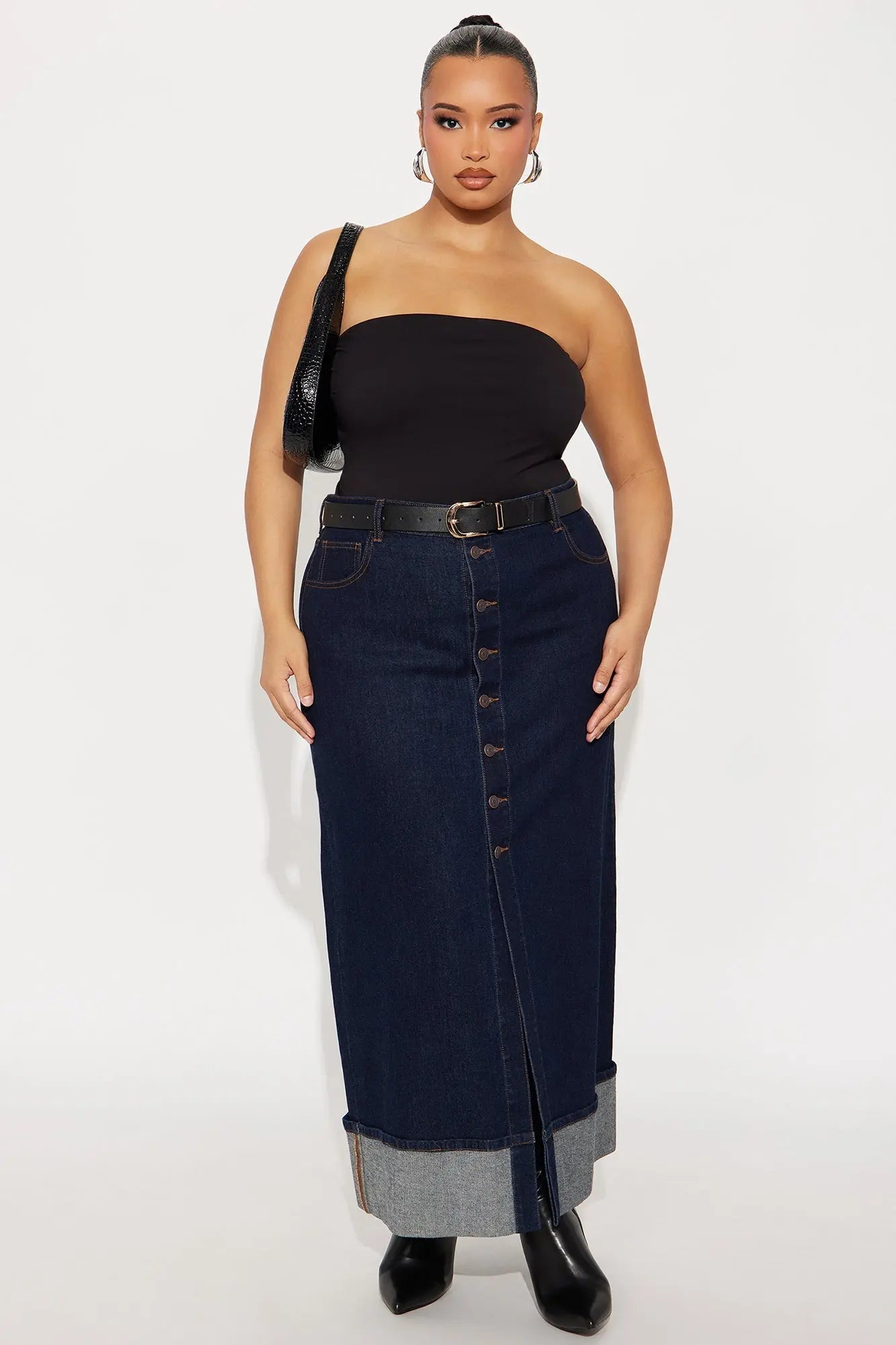 Loulou Mid Rise Denim Cuffed Hem Ankle Maxi Skirt - Rinse Blue Wash 