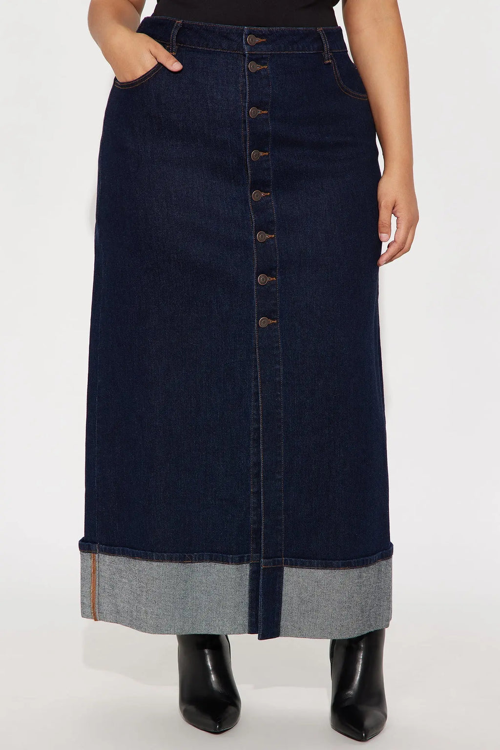 Loulou Mid Rise Denim Cuffed Hem Ankle Maxi Skirt - Rinse Blue Wash 