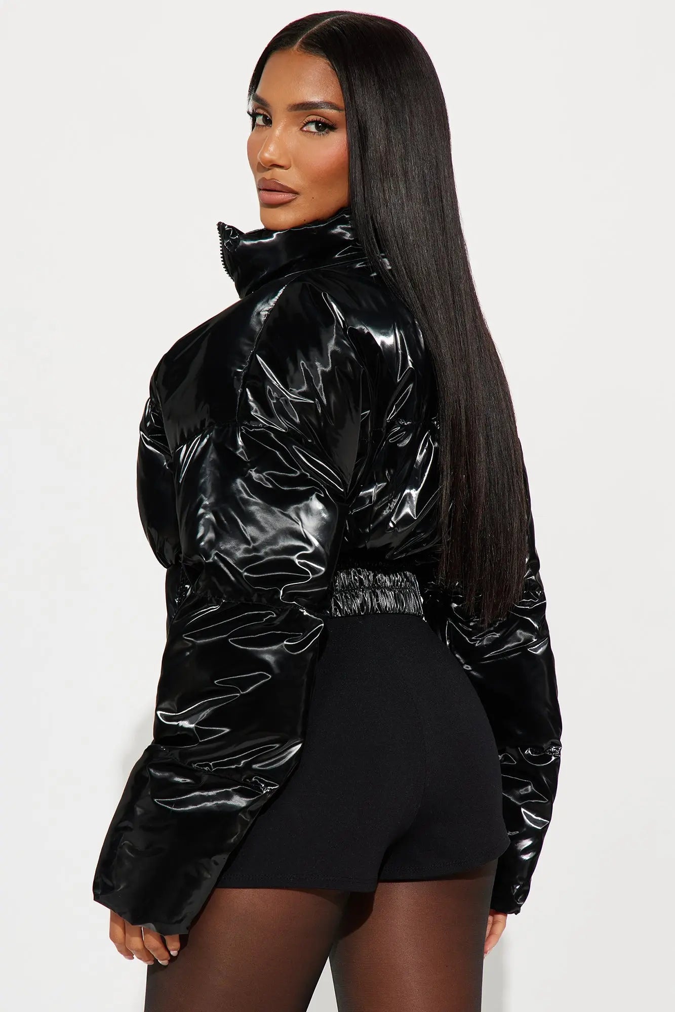 Outshine The Rest Patent Faux Leather Puffer Jacket - Black 