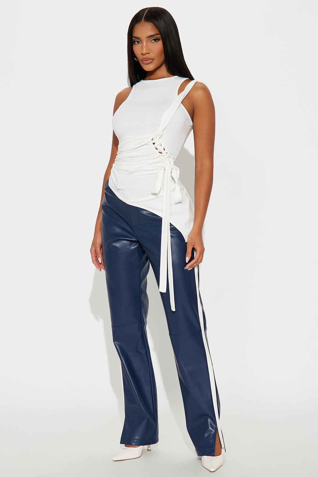 Cause A Scene Faux Leather Track Pant - Navy/combo 