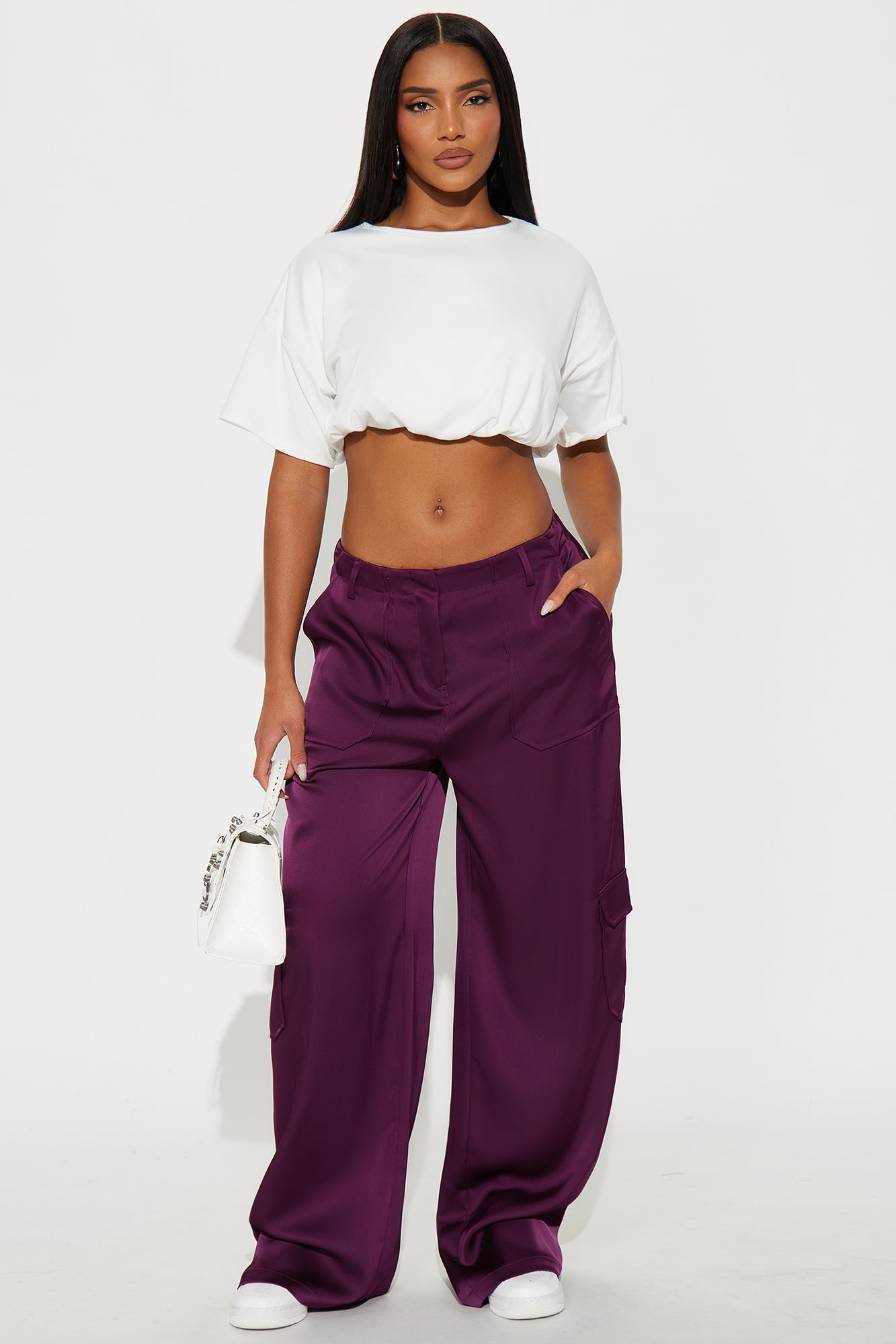 Pretty Girl Walk Satin Cargo Pant - Plum 