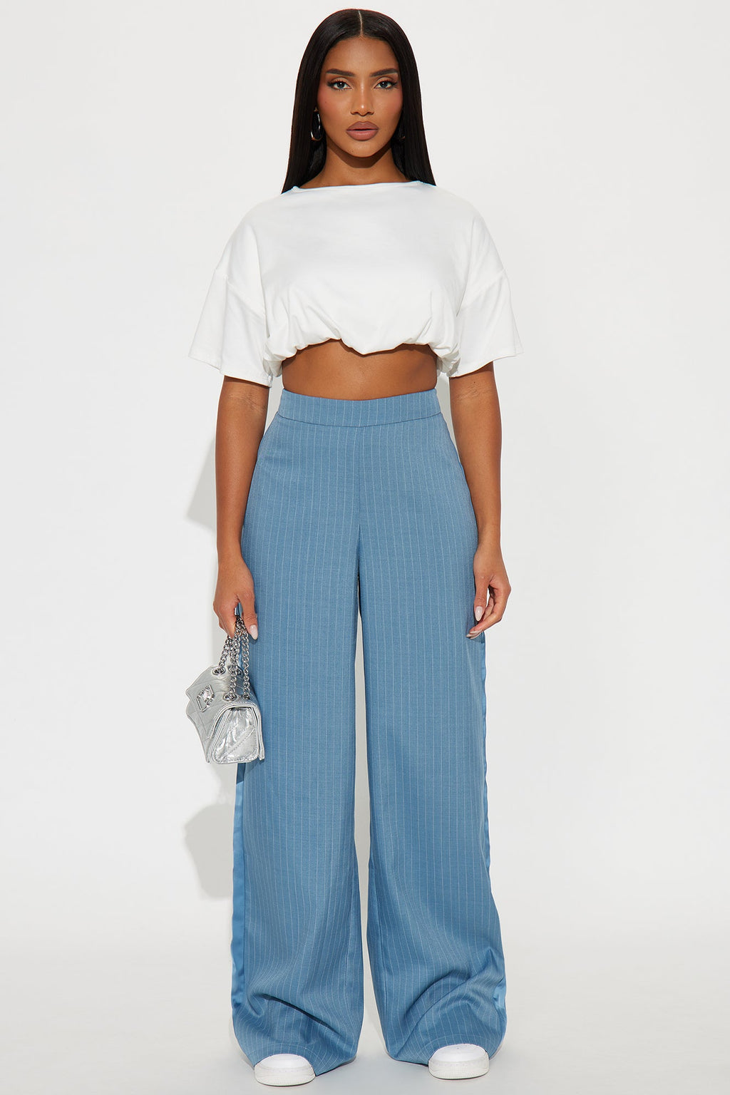 Don't Need To Pretend Pinstripe Wide Leg Trouser Pant 33 - Slate Blue 