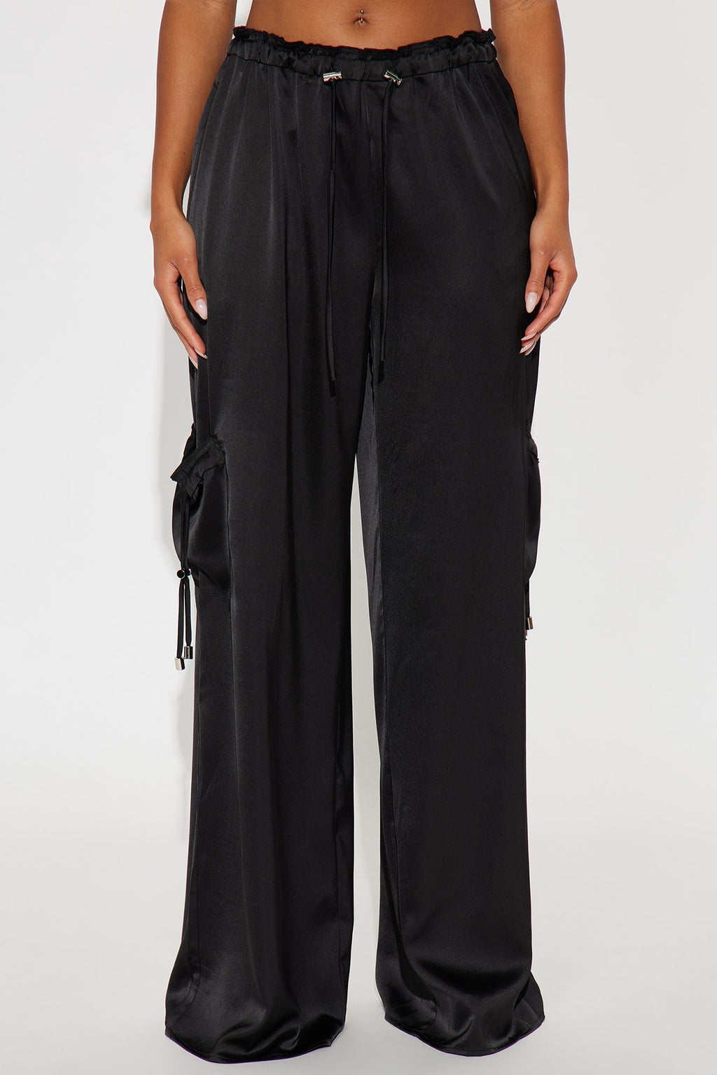 Brielle Satin Wide Leg Cargo Pant 33″ - Black 