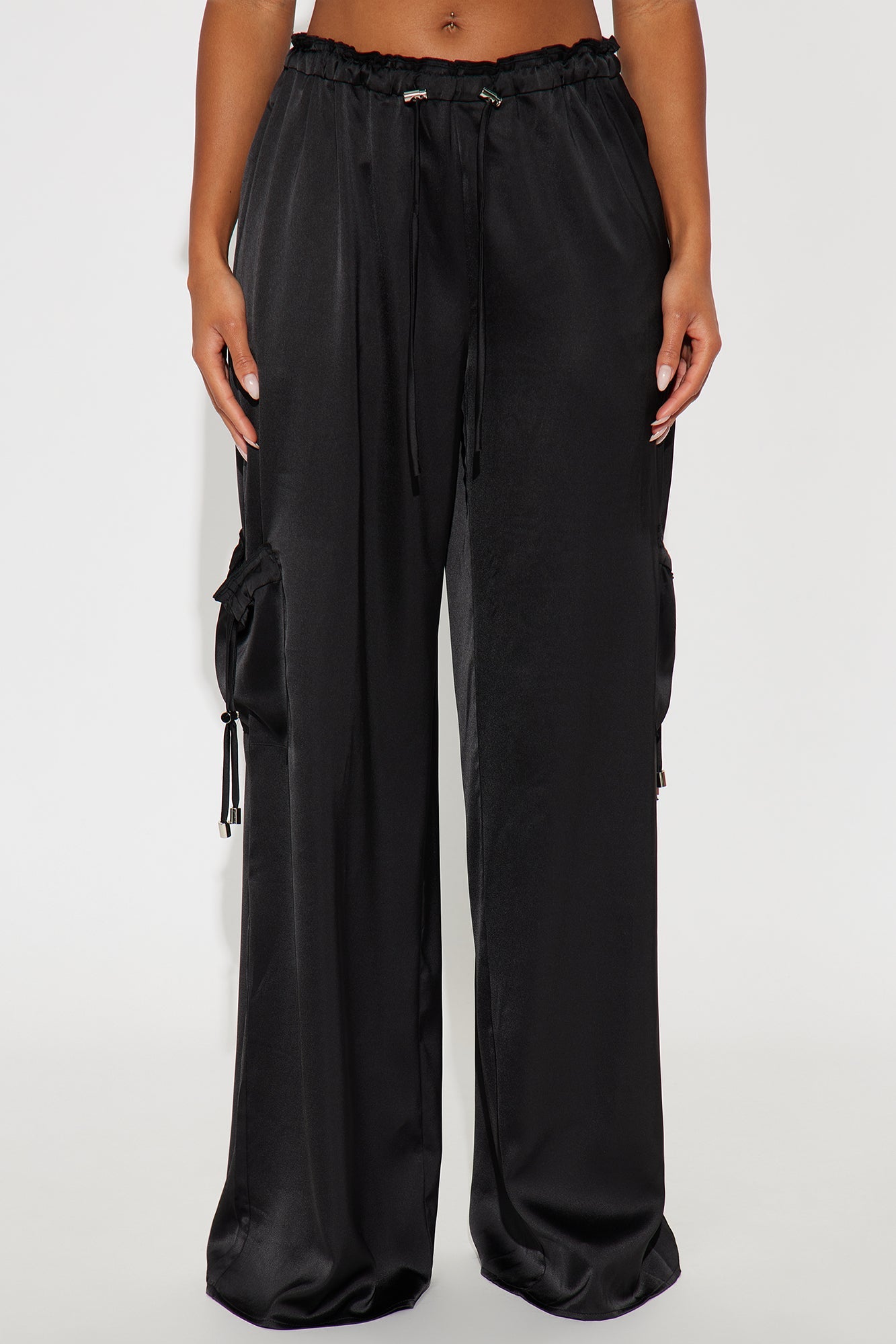 Brielle Satin Wide Leg Cargo Pant 33″ - Black 